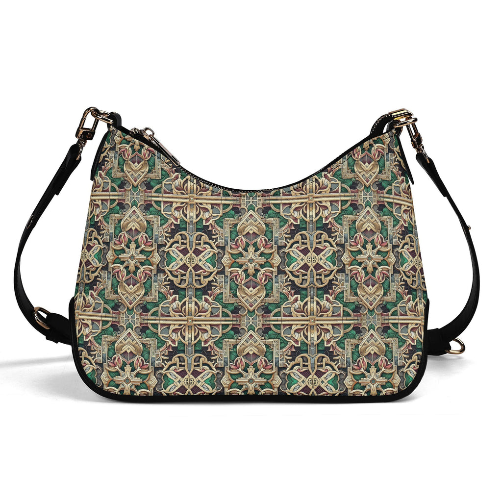 Patterned handbag with a strap on a white background