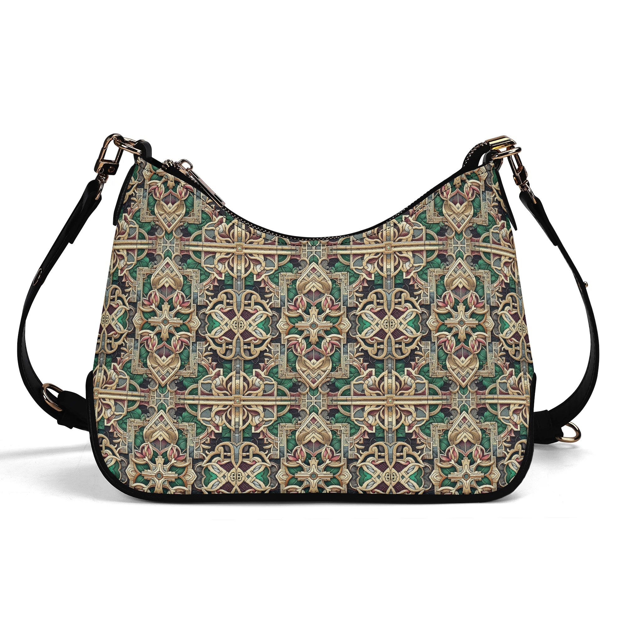 Patterned handbag with a strap on a white background