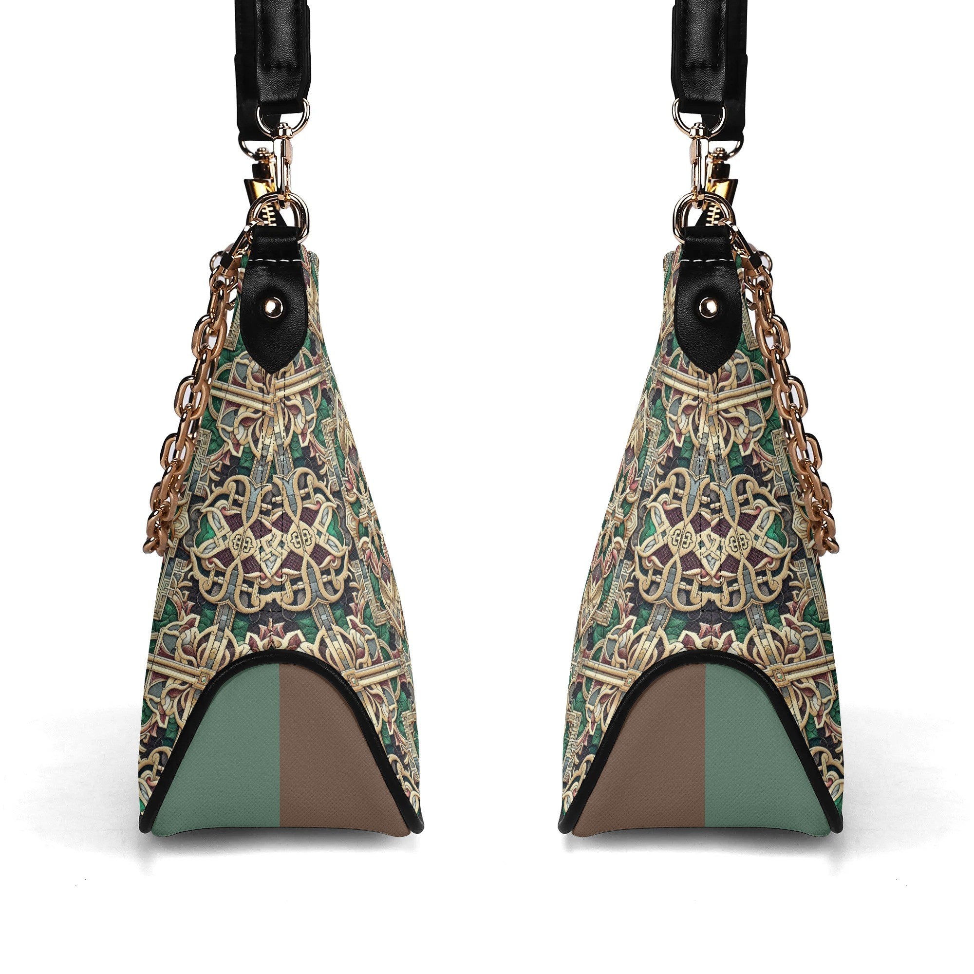 Two patterned handbags with chains on a white background