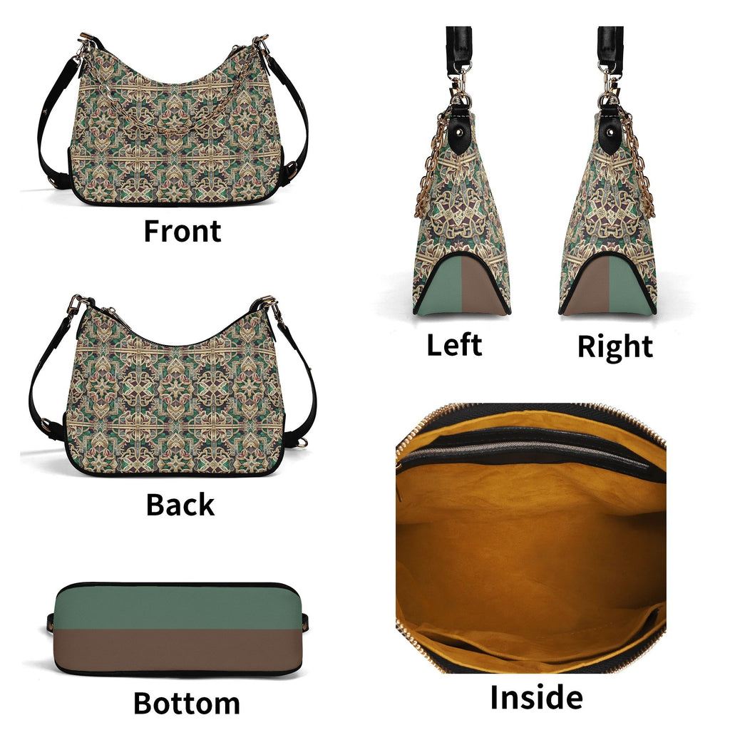 Multiview of a patterned handbag showing front, left, right, back, and inside views.
