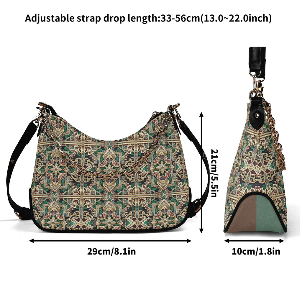 Patterned handbag with adjustable strap measurements on a white background