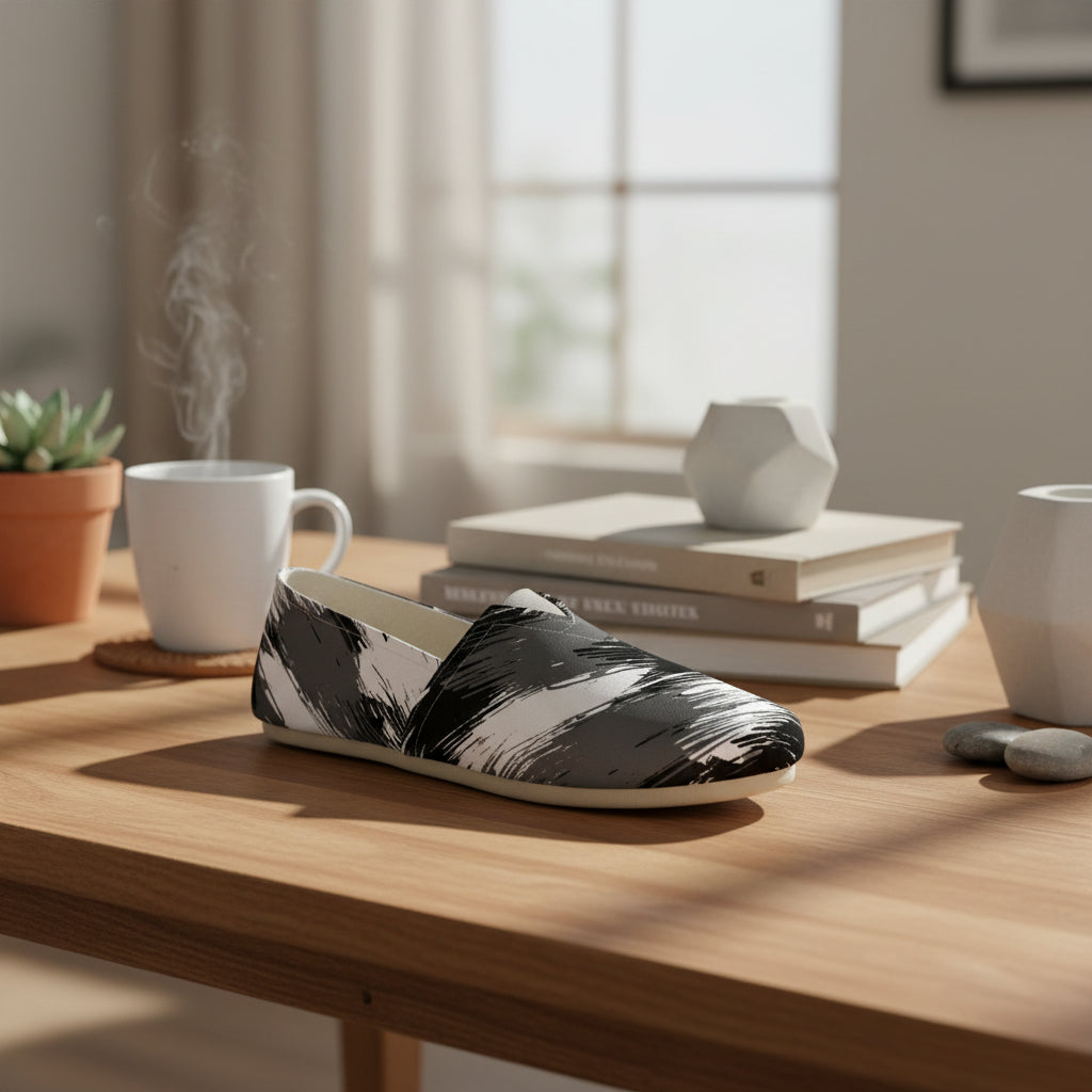 Black and white patterned slip-on shoe on a wooden table with a cup of coffee and books in the background.