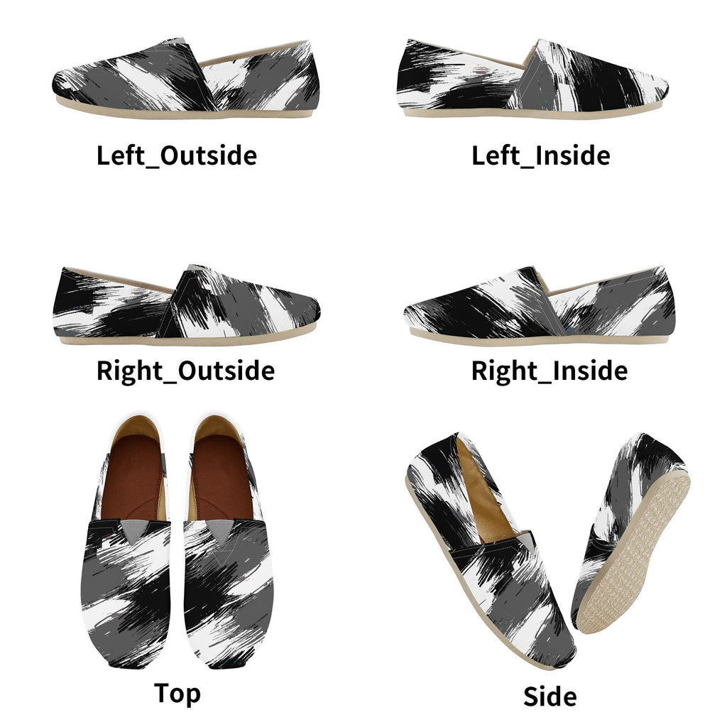 Black and white striped shoes shown from multiple angles on a white background