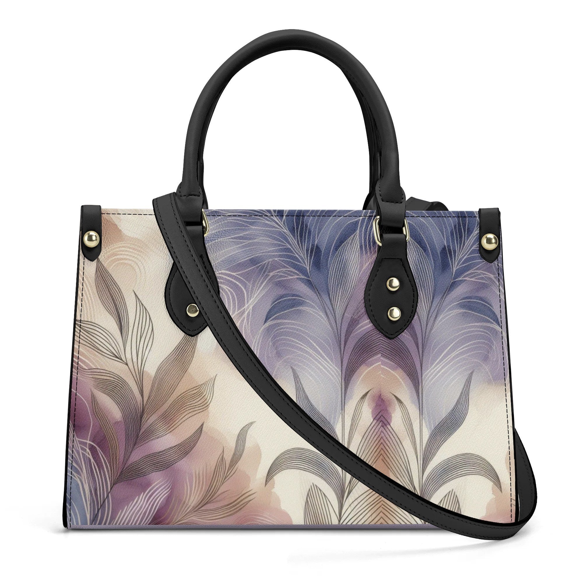 Handbag with feather pattern on a white background