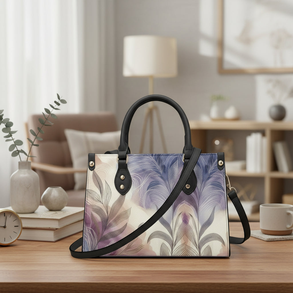 Handbag with floral pattern on a wooden surface with a blurred background