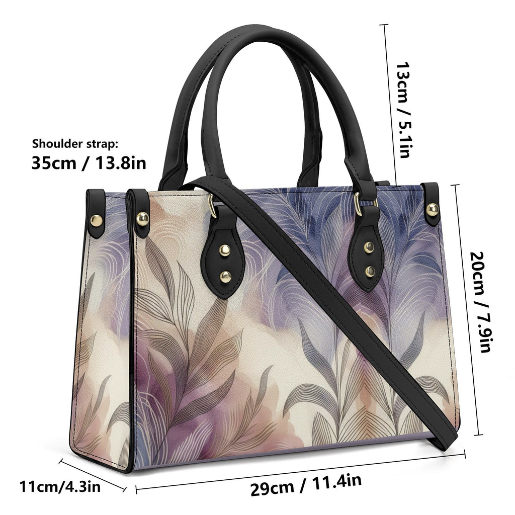 Handbag with floral pattern and measurements on a white background