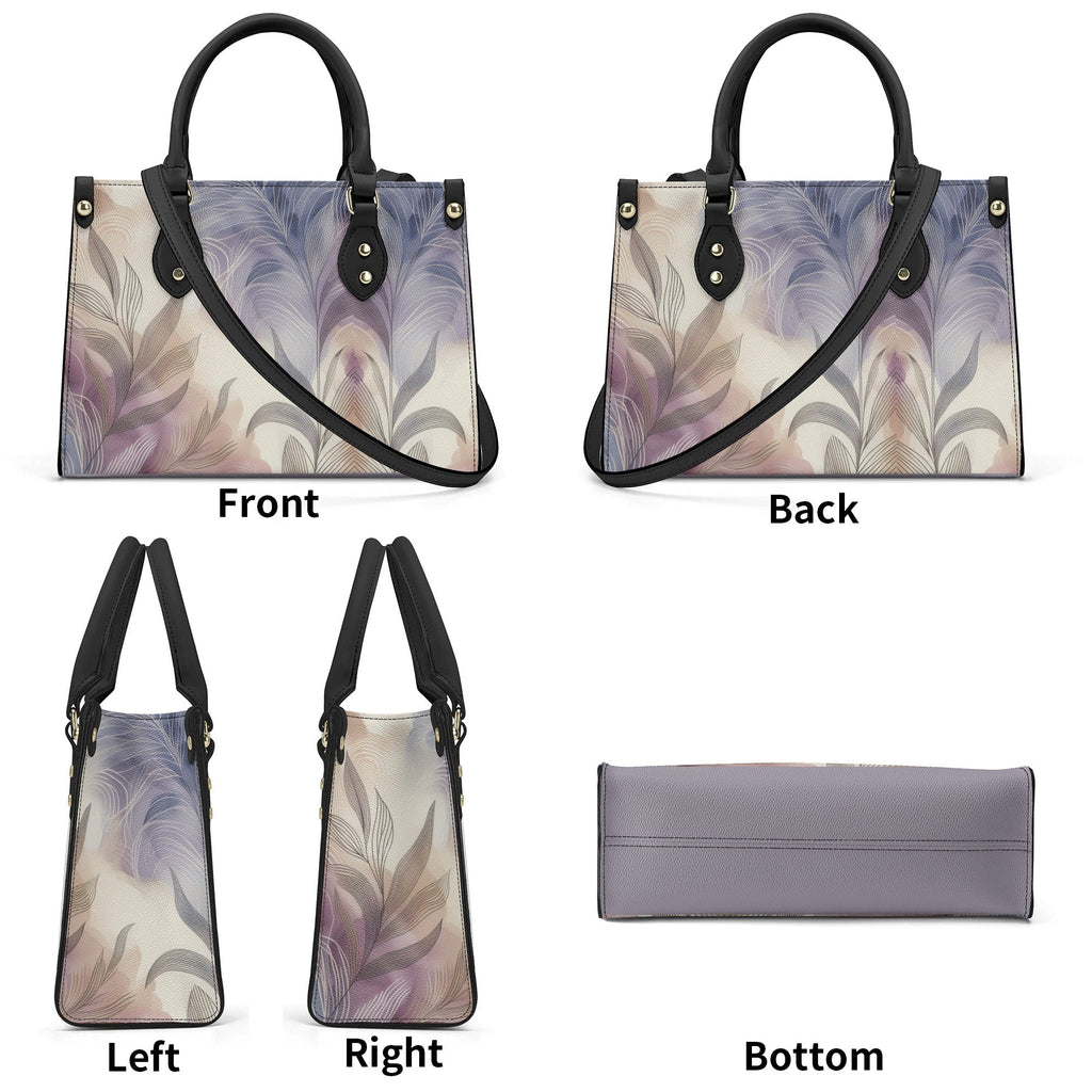 Handbag shown from front, back, left, right, and bottom angles with a floral pattern.