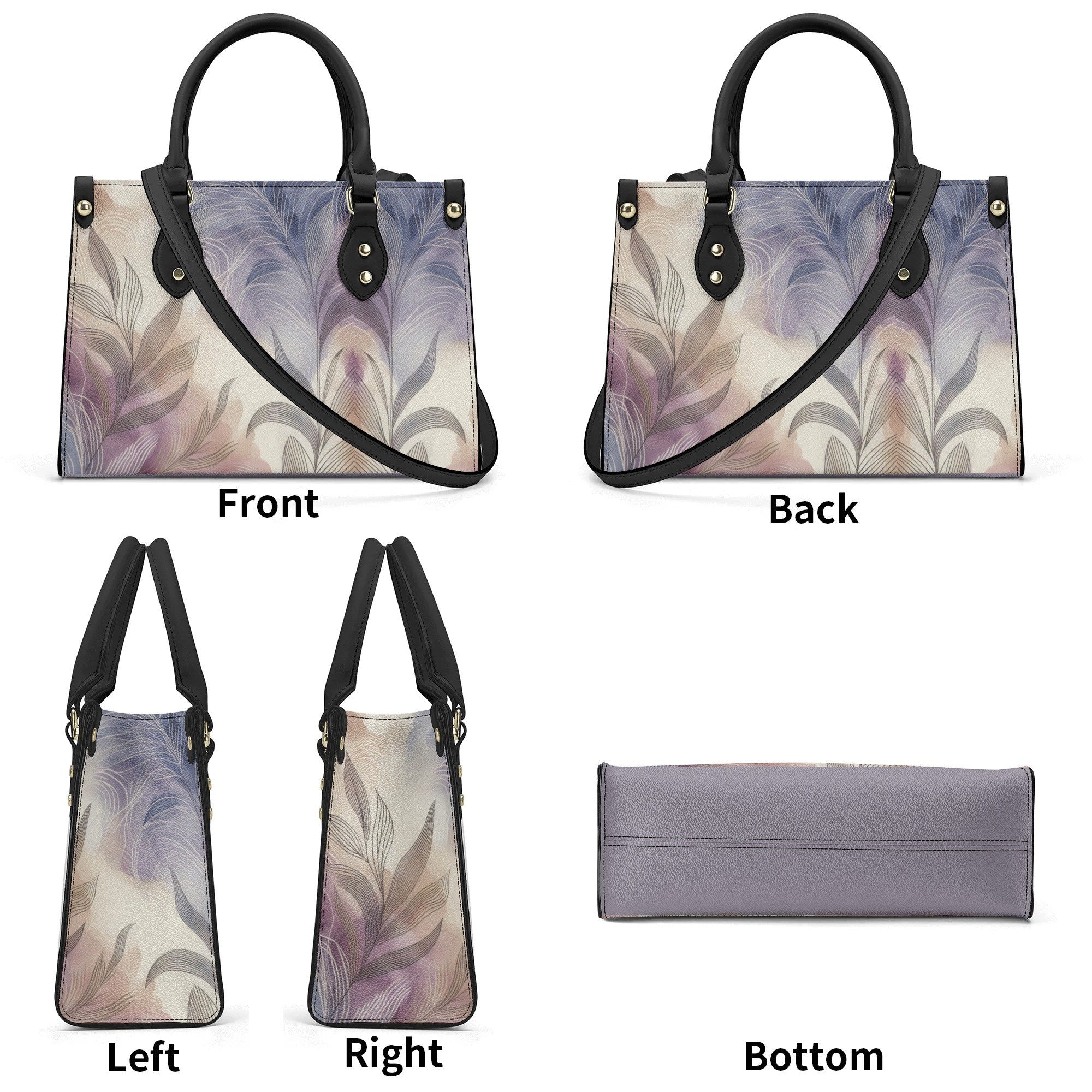 Handbag shown from front, back, left, right, and bottom angles with a floral pattern.