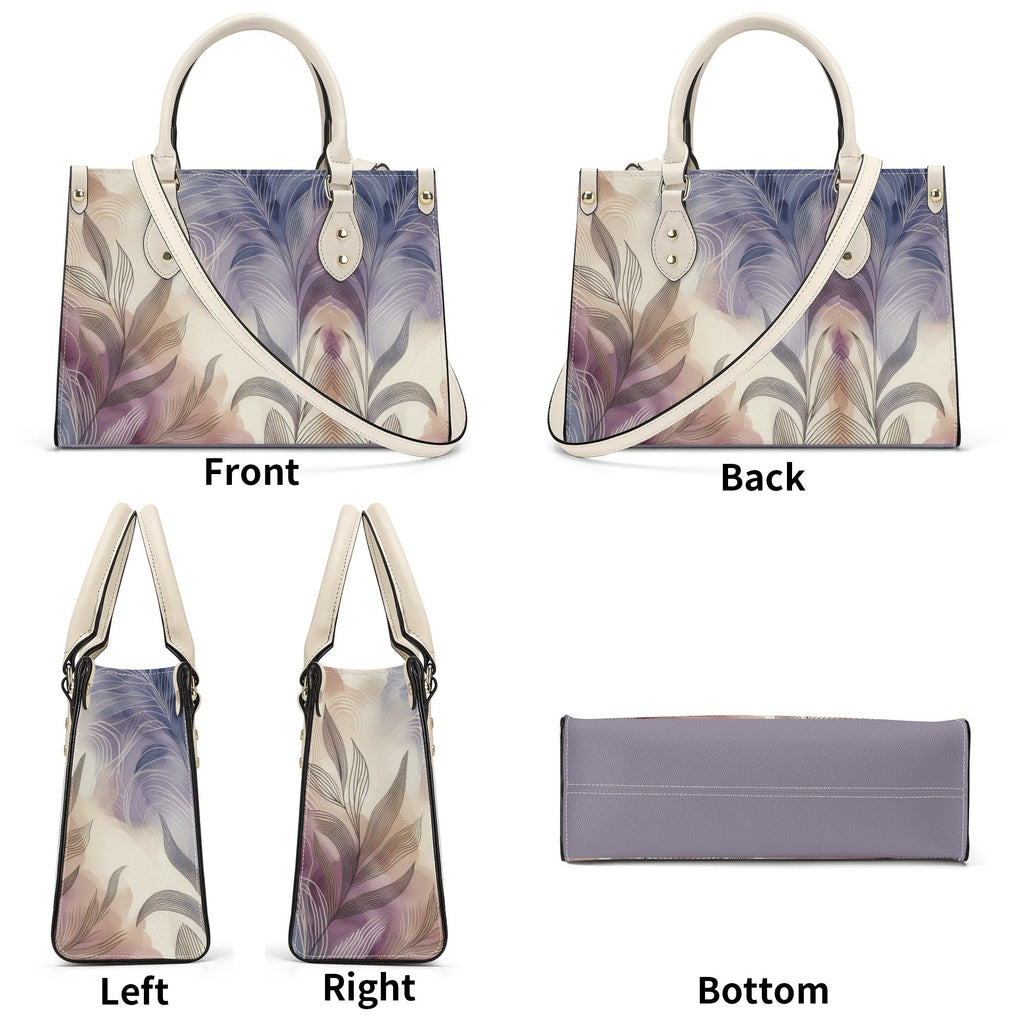 Multiview of a handbag with floral pattern, including front, back, left, right, and bottom views.