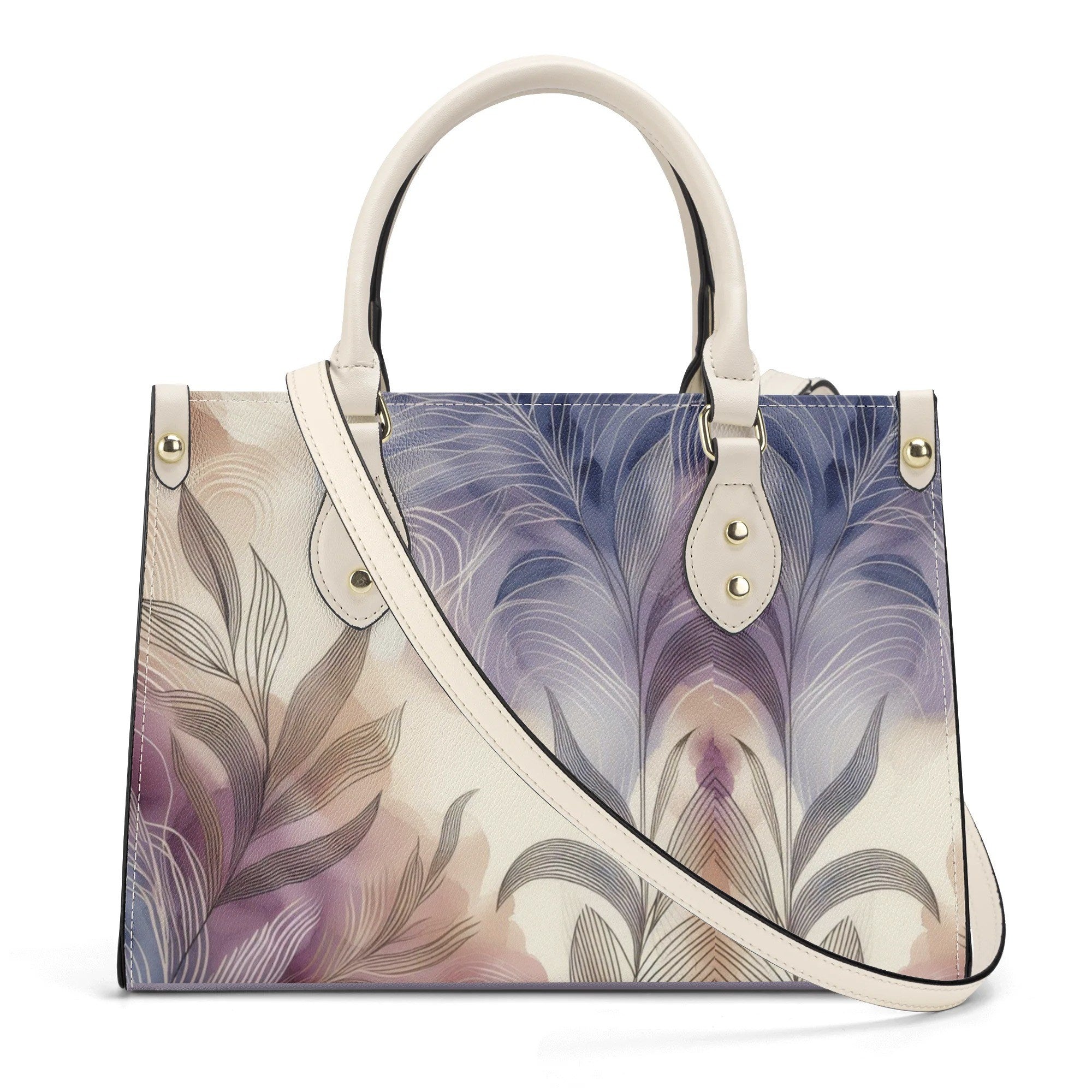 Handbag with feather pattern on a white background