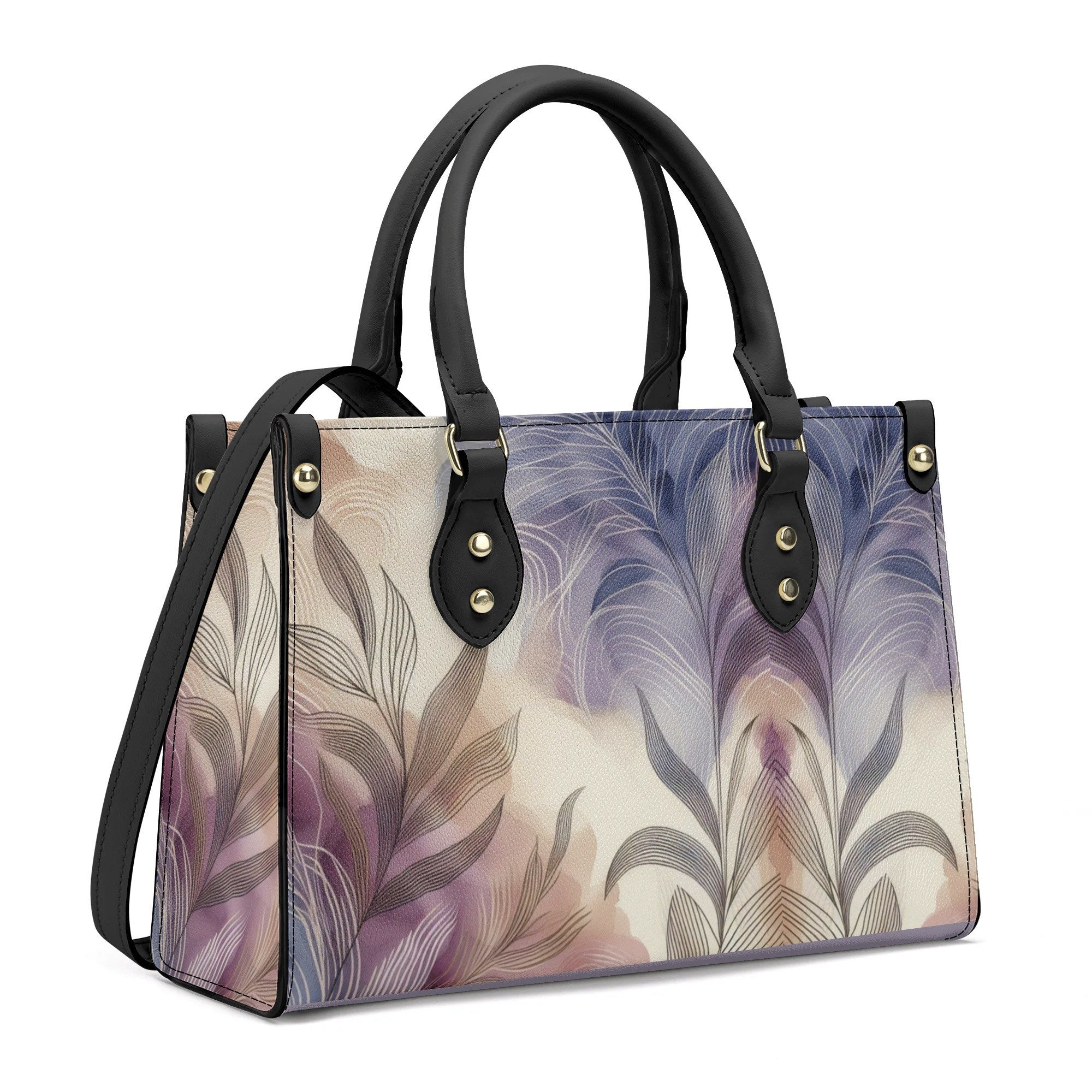 Handbag with feather pattern on a white background