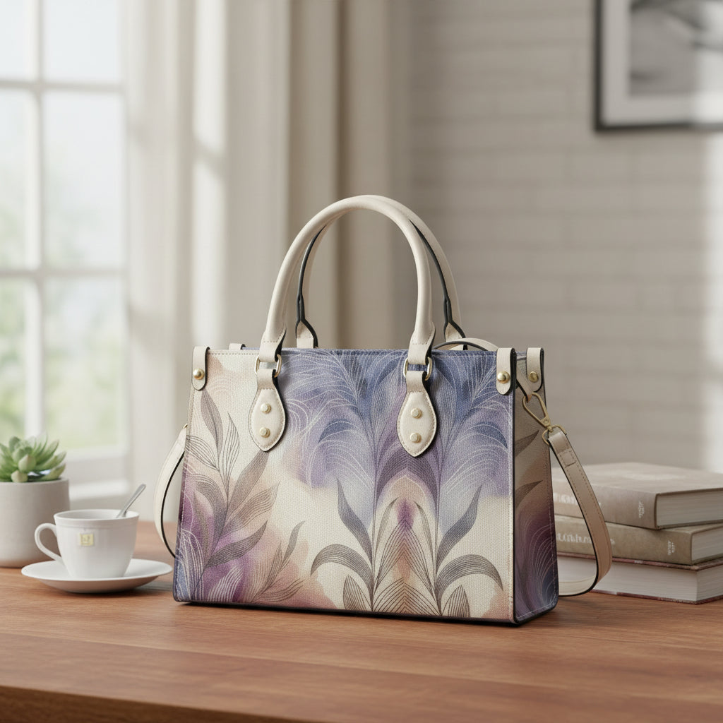 Handbag with feather pattern on a white background