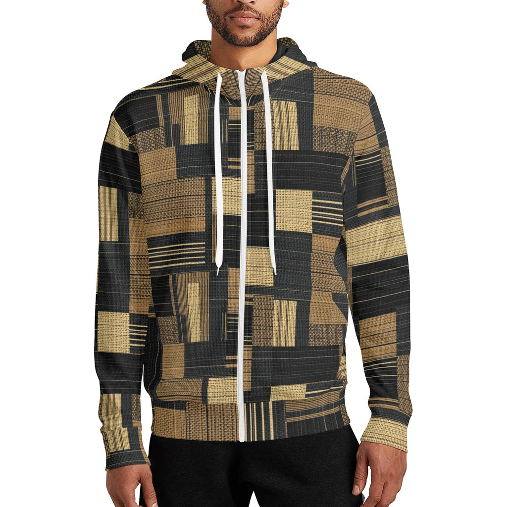 Patterned hoodie worn by a person on a white background