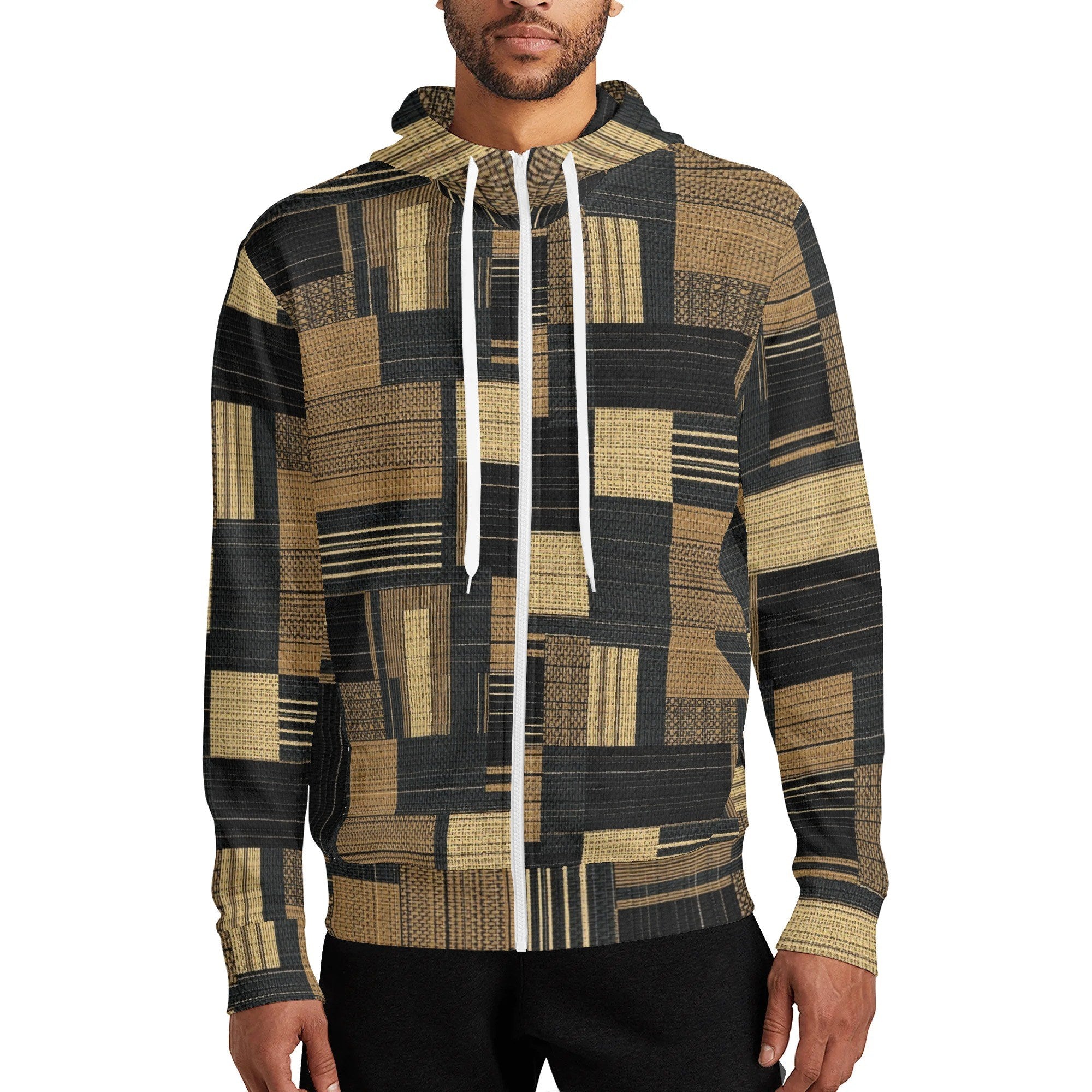 Patterned hoodie worn by a person on a white background