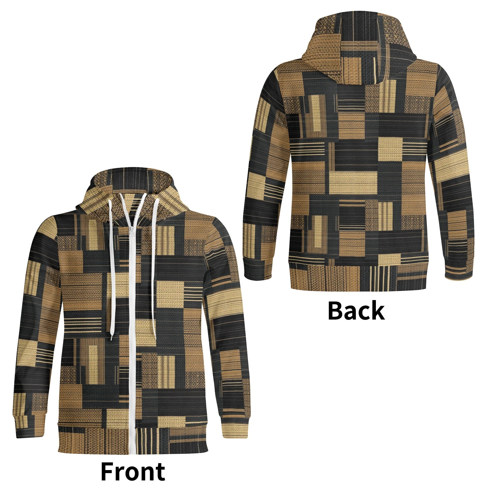 Patterned hoodie shown from front and back on a white background