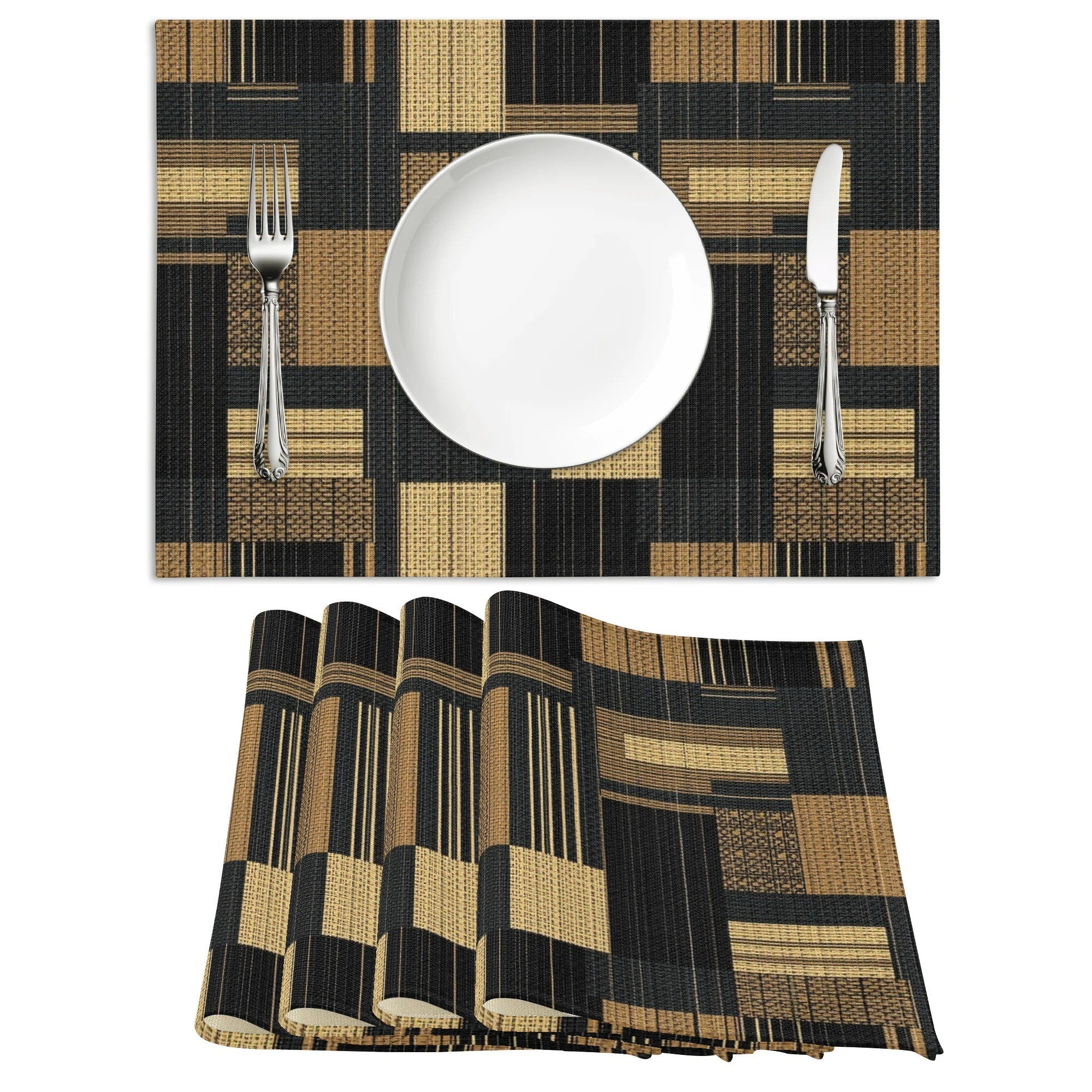 Set of woven placemats with geometric pattern on a white background
