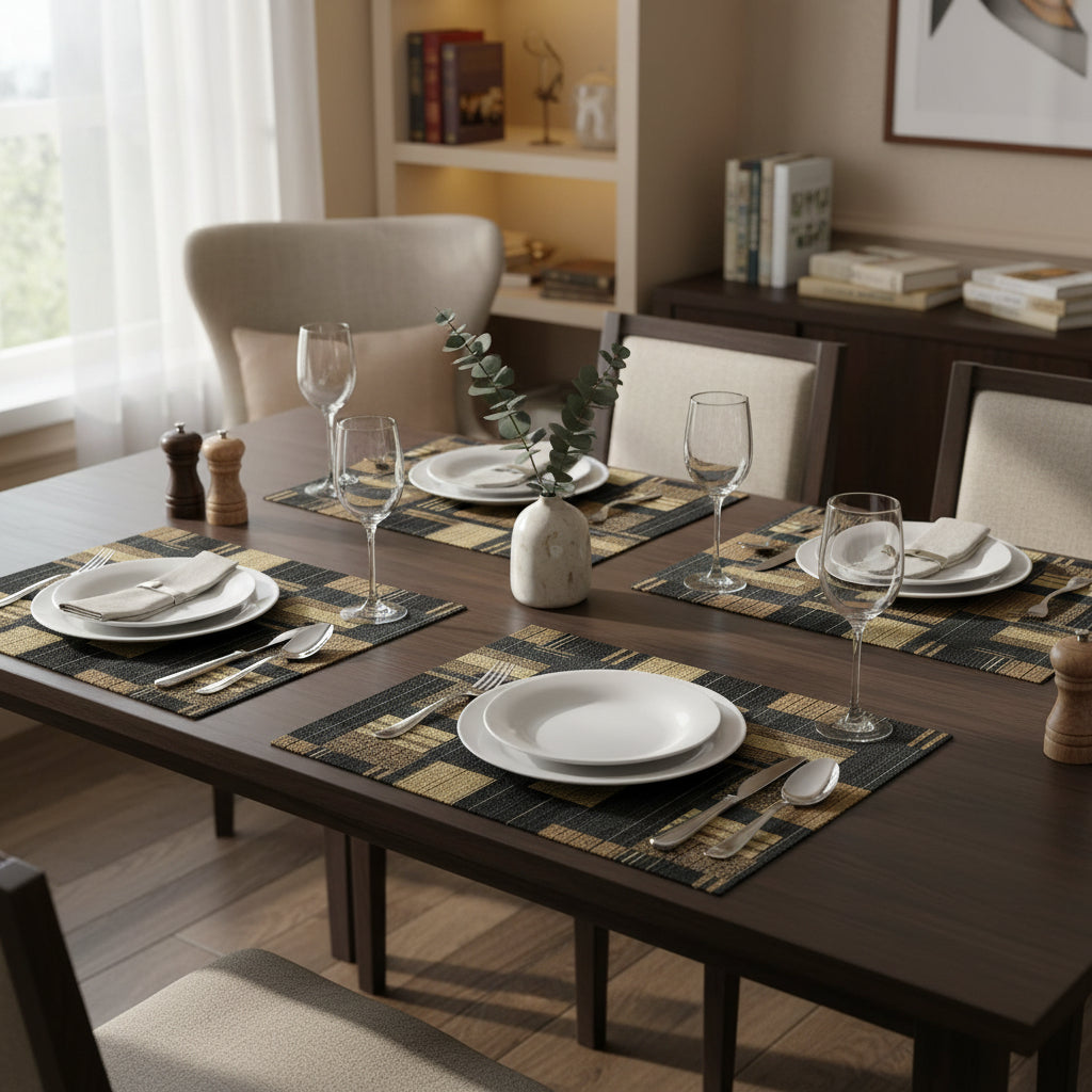 Patterned rug with geometric design in brown and black on a white background