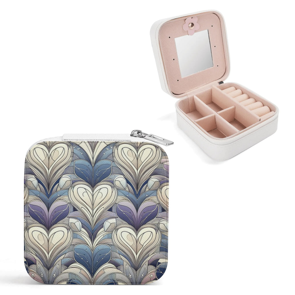 Jewelry case with heart pattern and open lid showing compartments on a white background