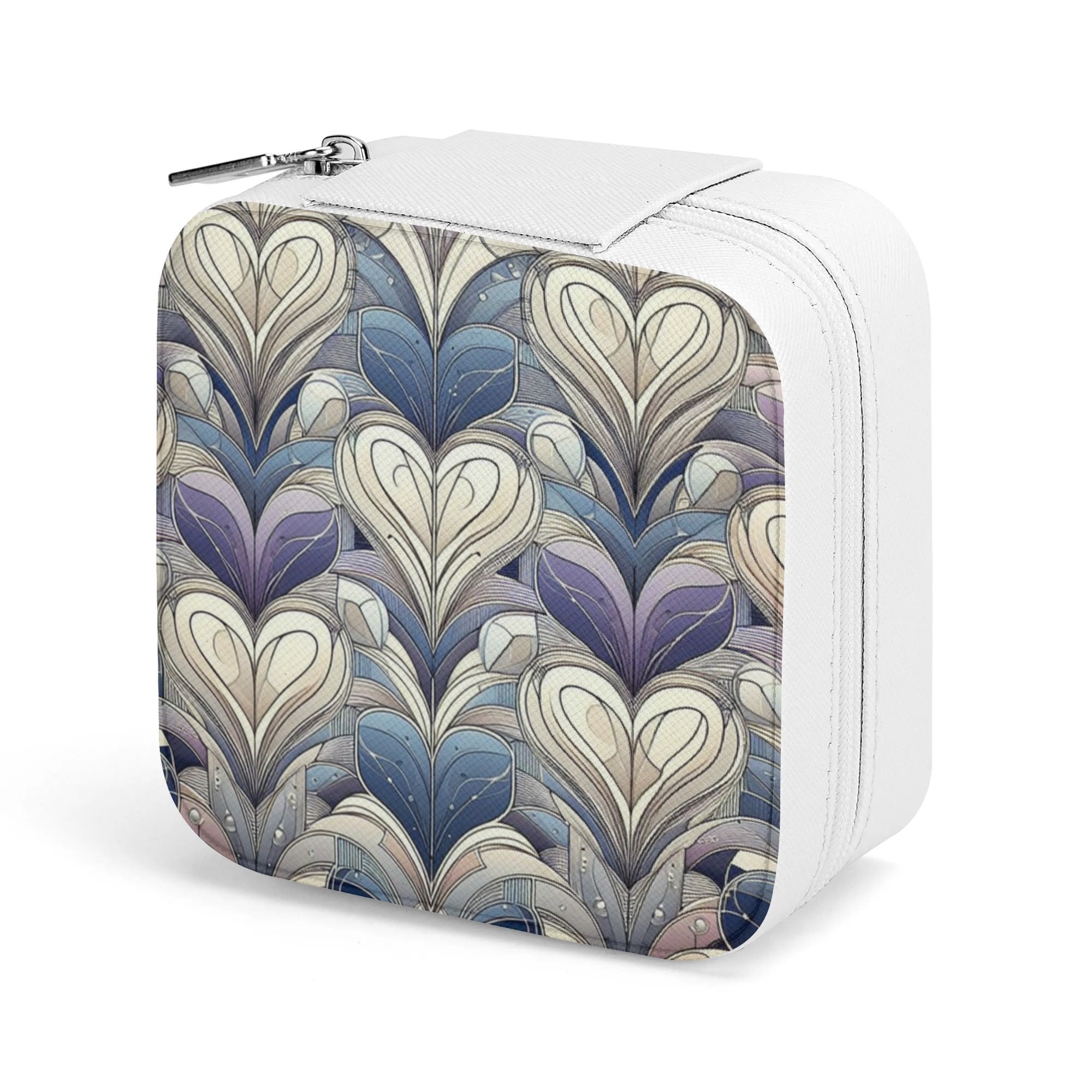 Small white suitcase with a decorative heart pattern on a white background