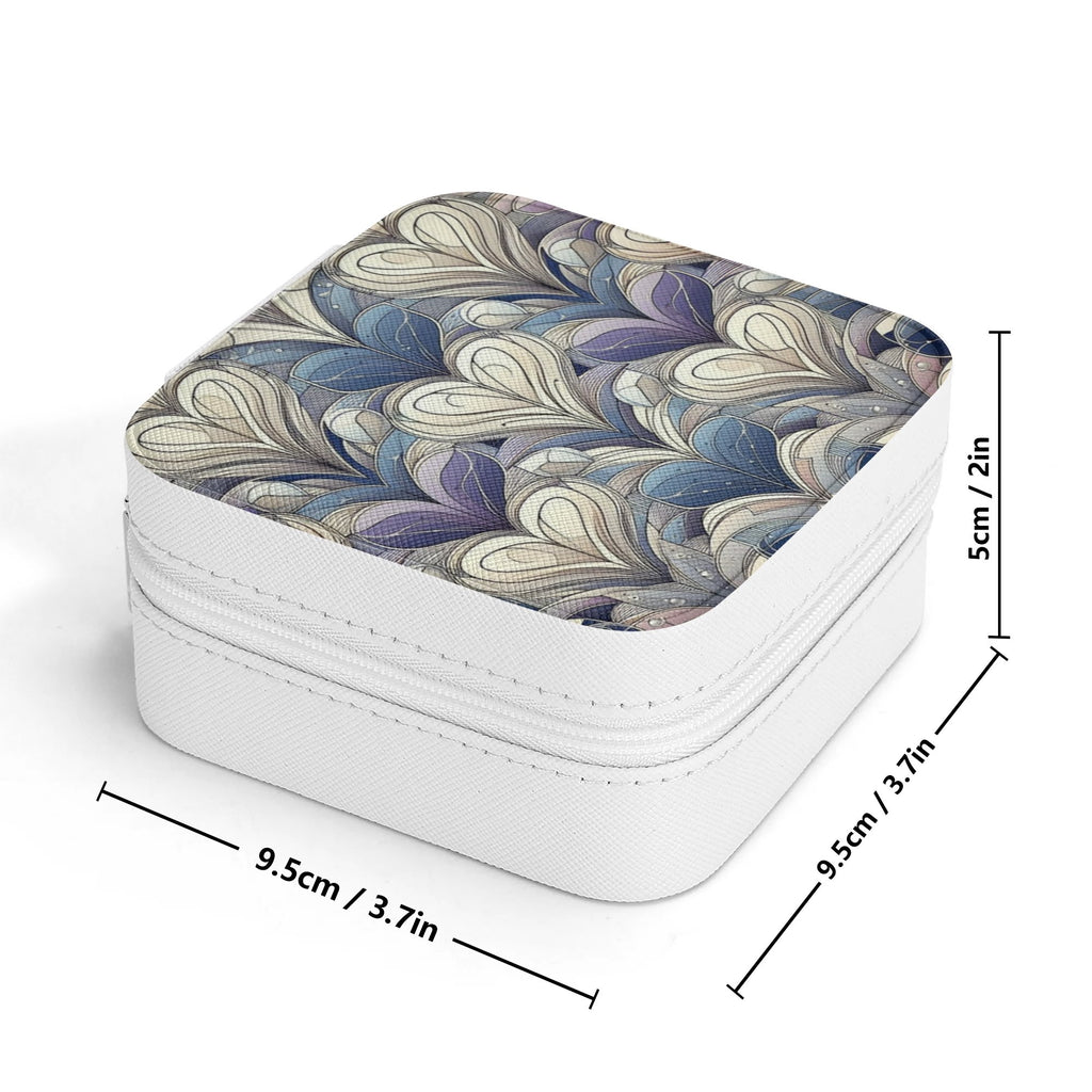 Small white box with a patterned lid and dimensions displayed