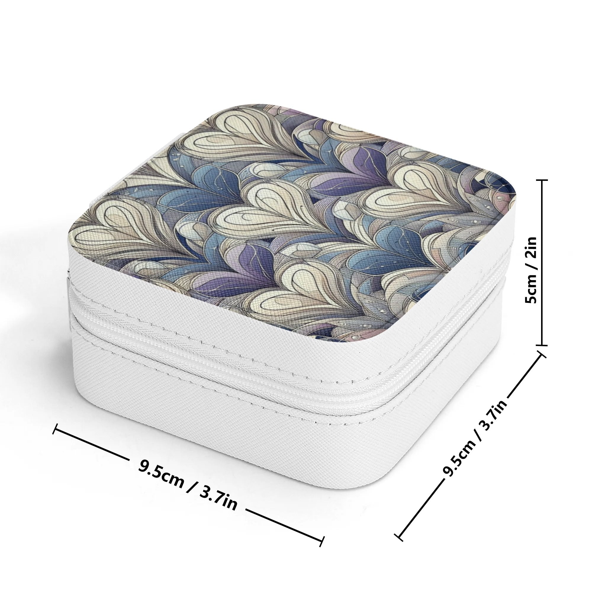 Small white box with a patterned lid and dimensions displayed