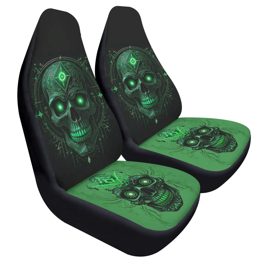 Green and black skull-themed car seat covers on a white background