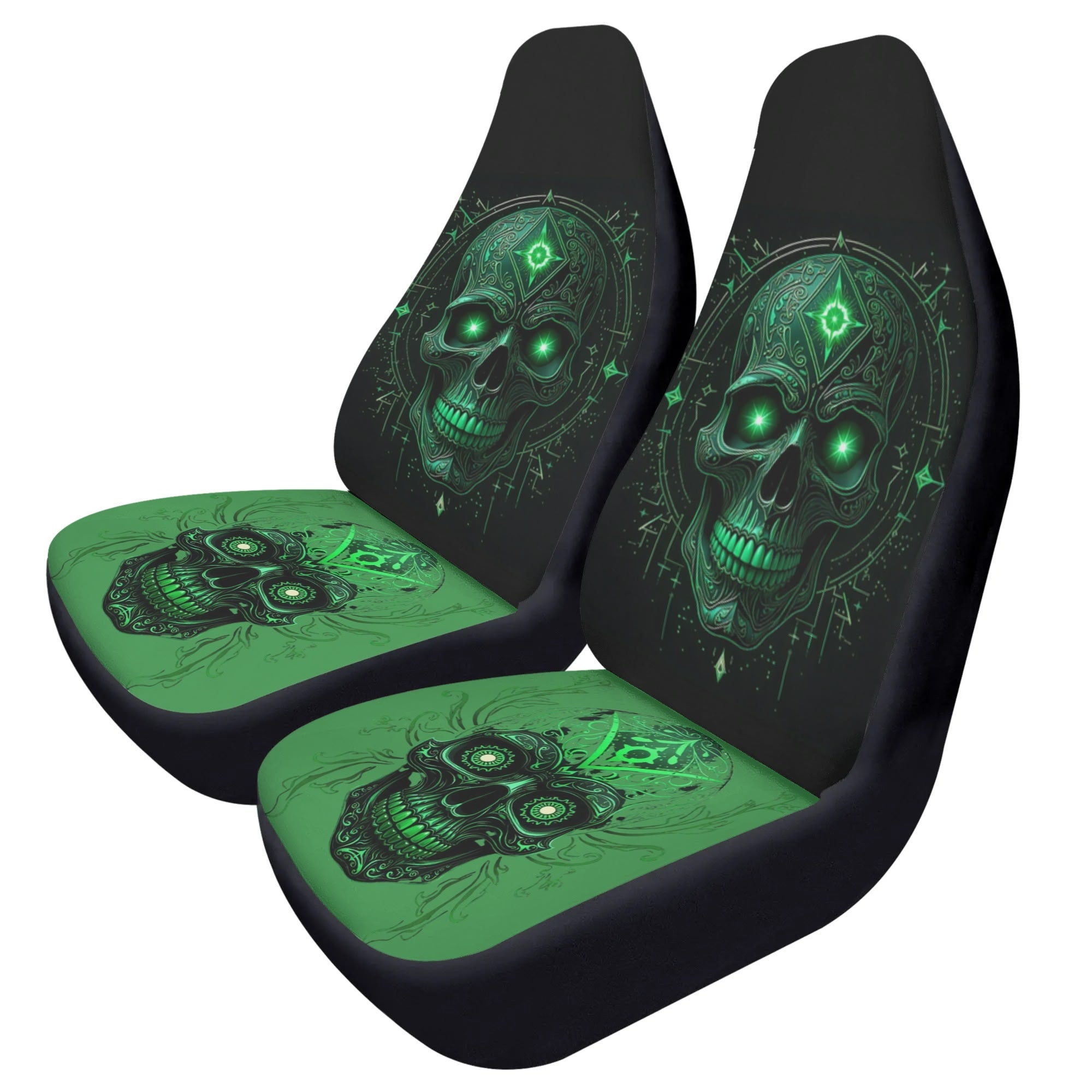 Car seat covers with green skull design on a white background