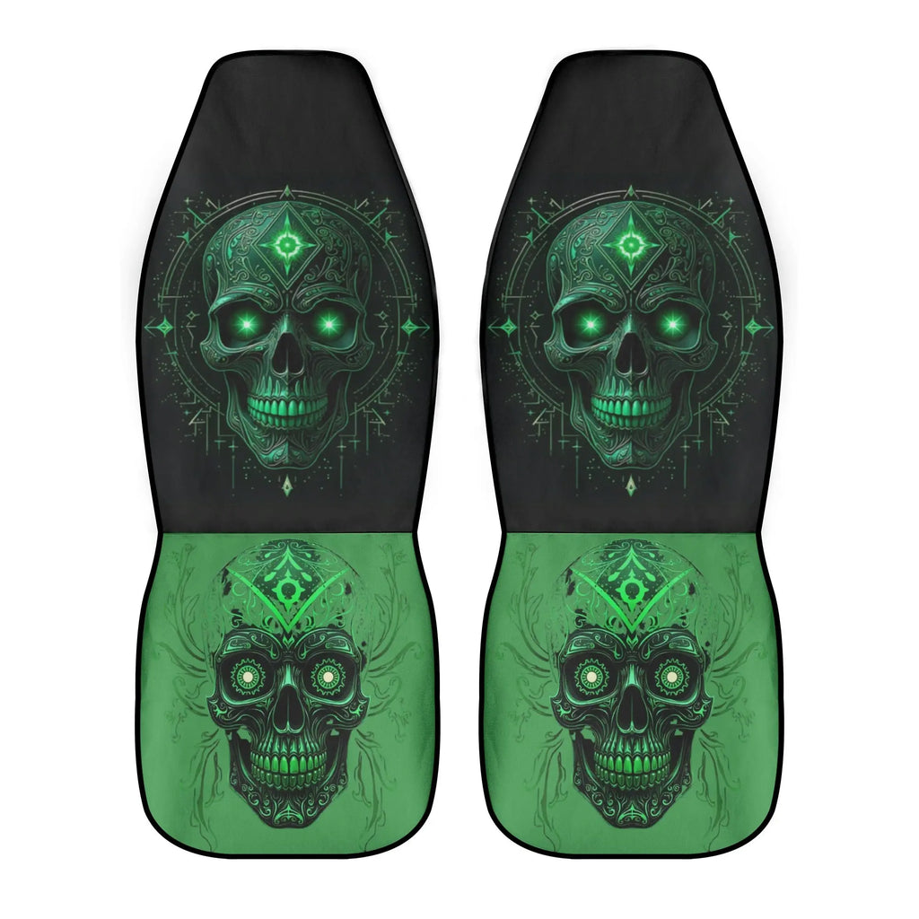 Pair of car seat covers with green skull design on a black and green background