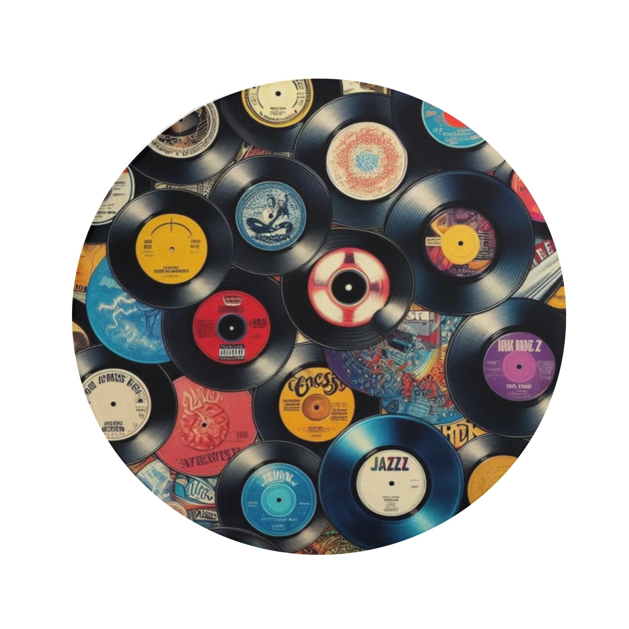 Collection of vinyl records with colorful labels arranged in a circular pattern on a white background.