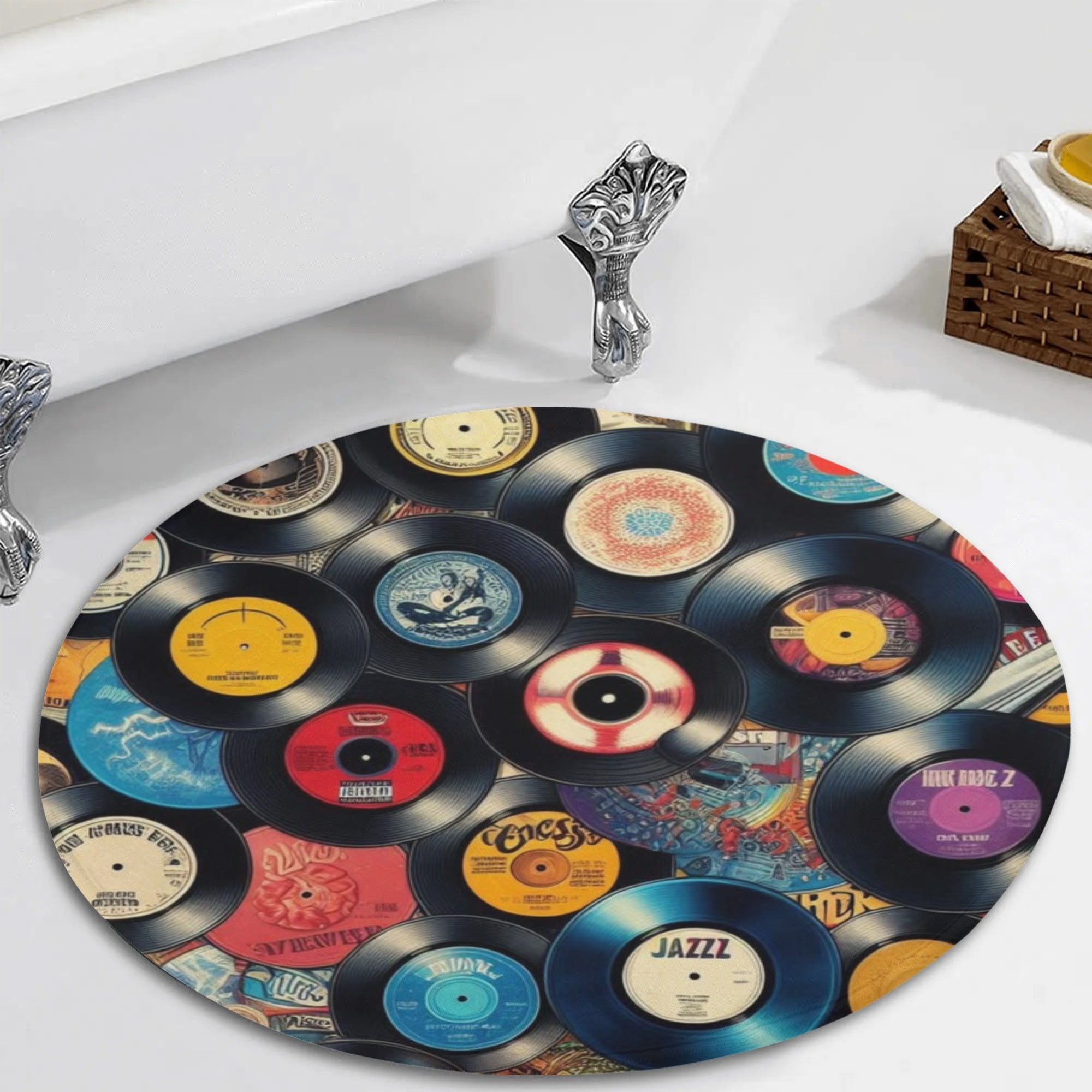 Round bath mat with vinyl record design on a bathtub.