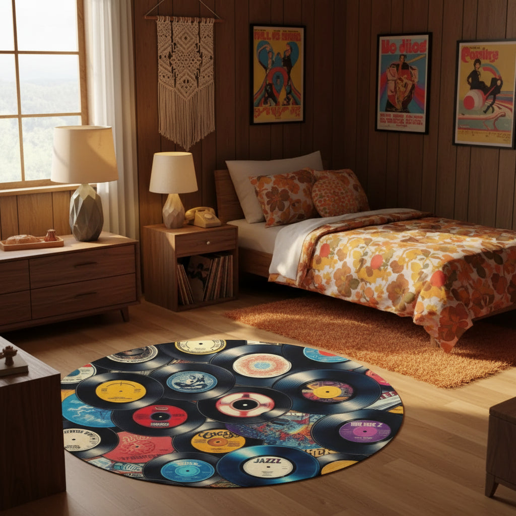 Room interior with a vinyl record-themed rug, bed, and wall decor.