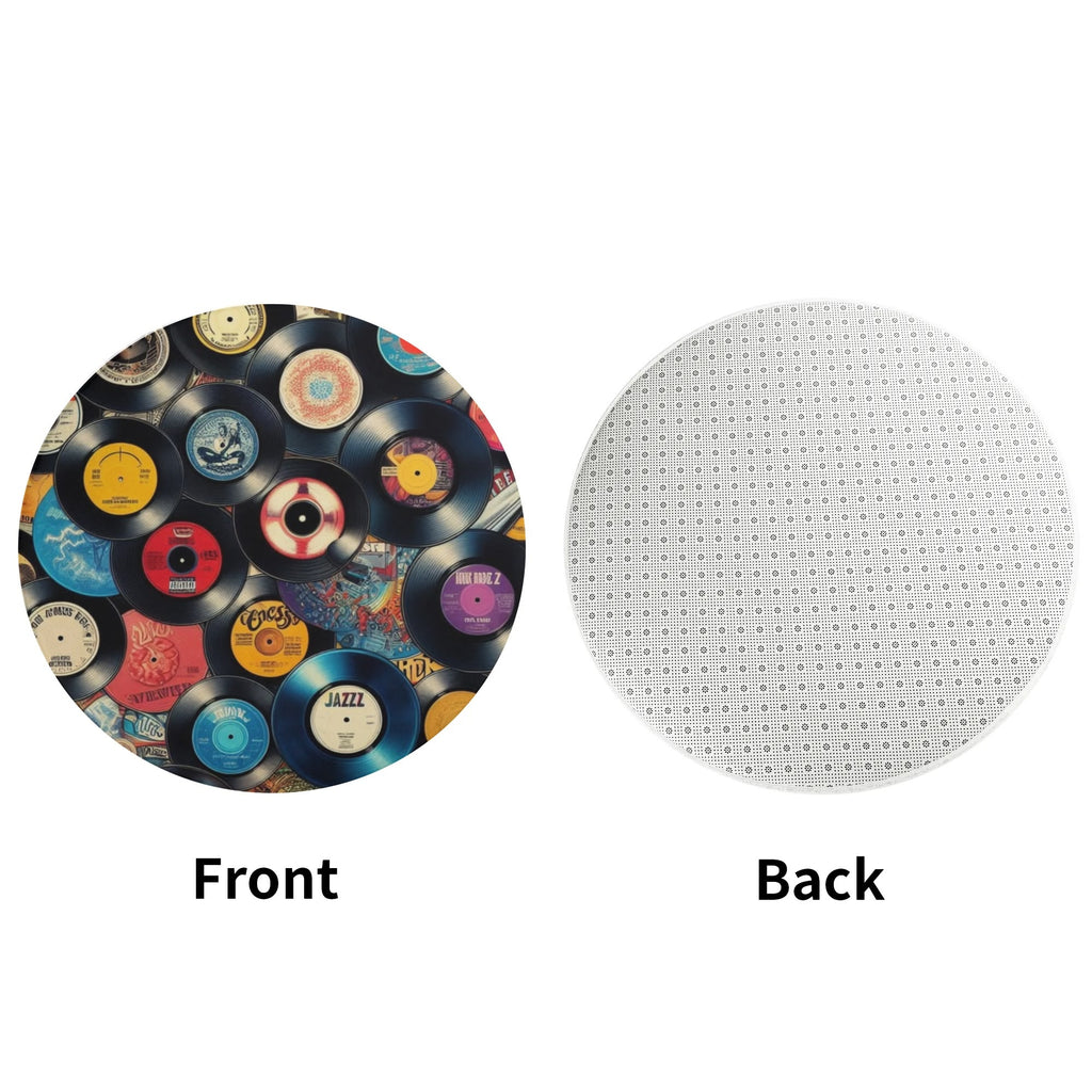 Product with vinyl record design on one side and white perforated pattern on the other, labeled 'Front' and 'Back'.
