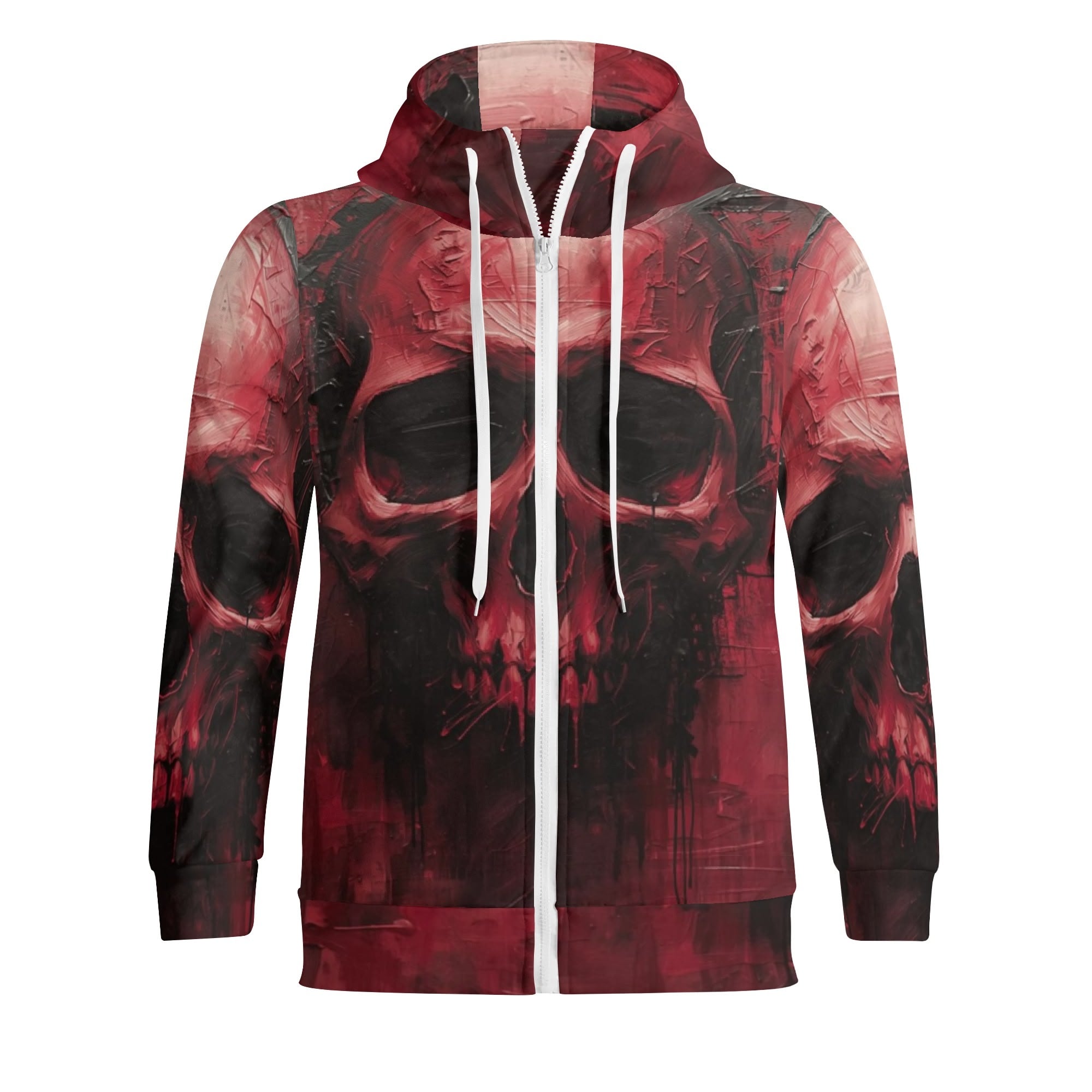 Red and black hoodie with skull design on a white background