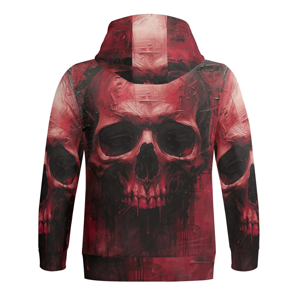 Hoodie with red and black skull design on a white background