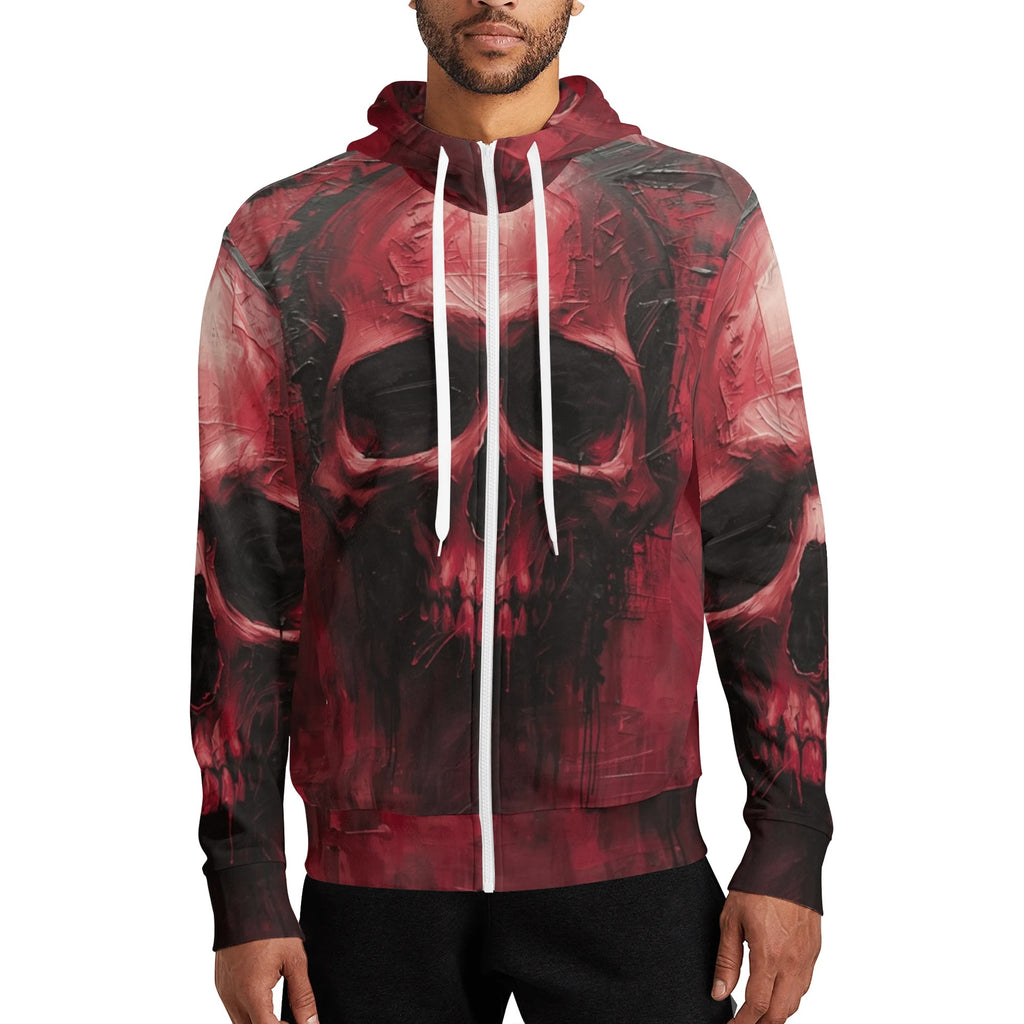 Red and black hoodie with skull design worn by a person on a white background