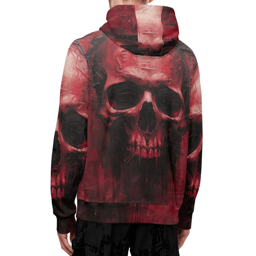 Hoodie with a red and black skull design on a white background