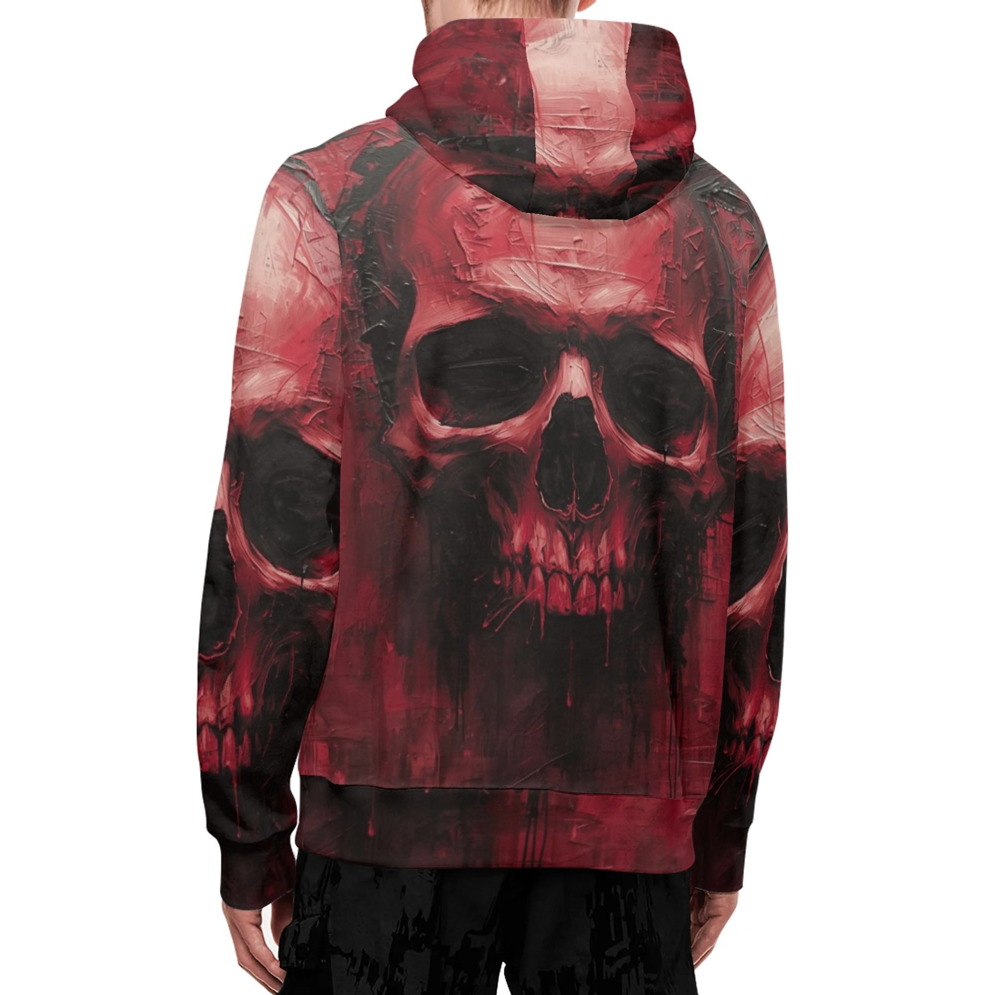 Hoodie with a red and black skull design on a white background