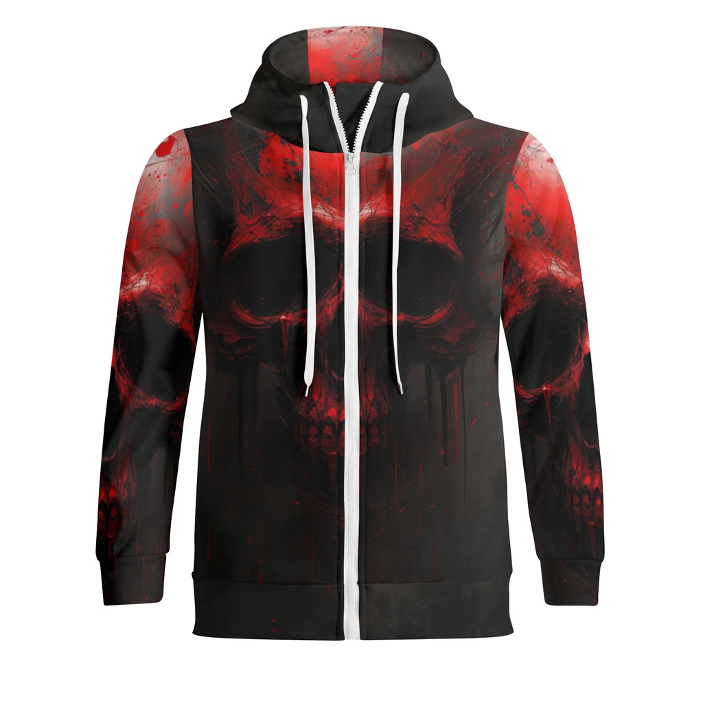 Black hoodie with red and white abstract design on a white background