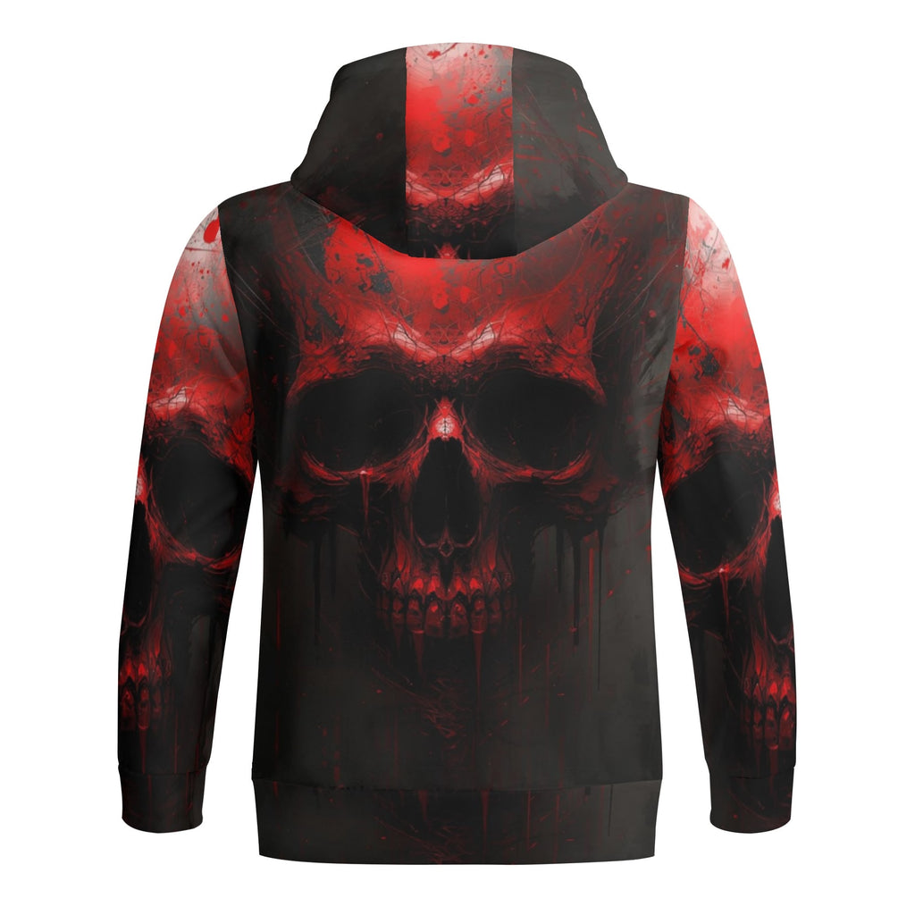 Hoodie with red and black skull design on a white background