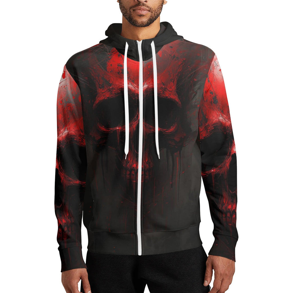 Black hoodie with red abstract design worn by a person on a white background