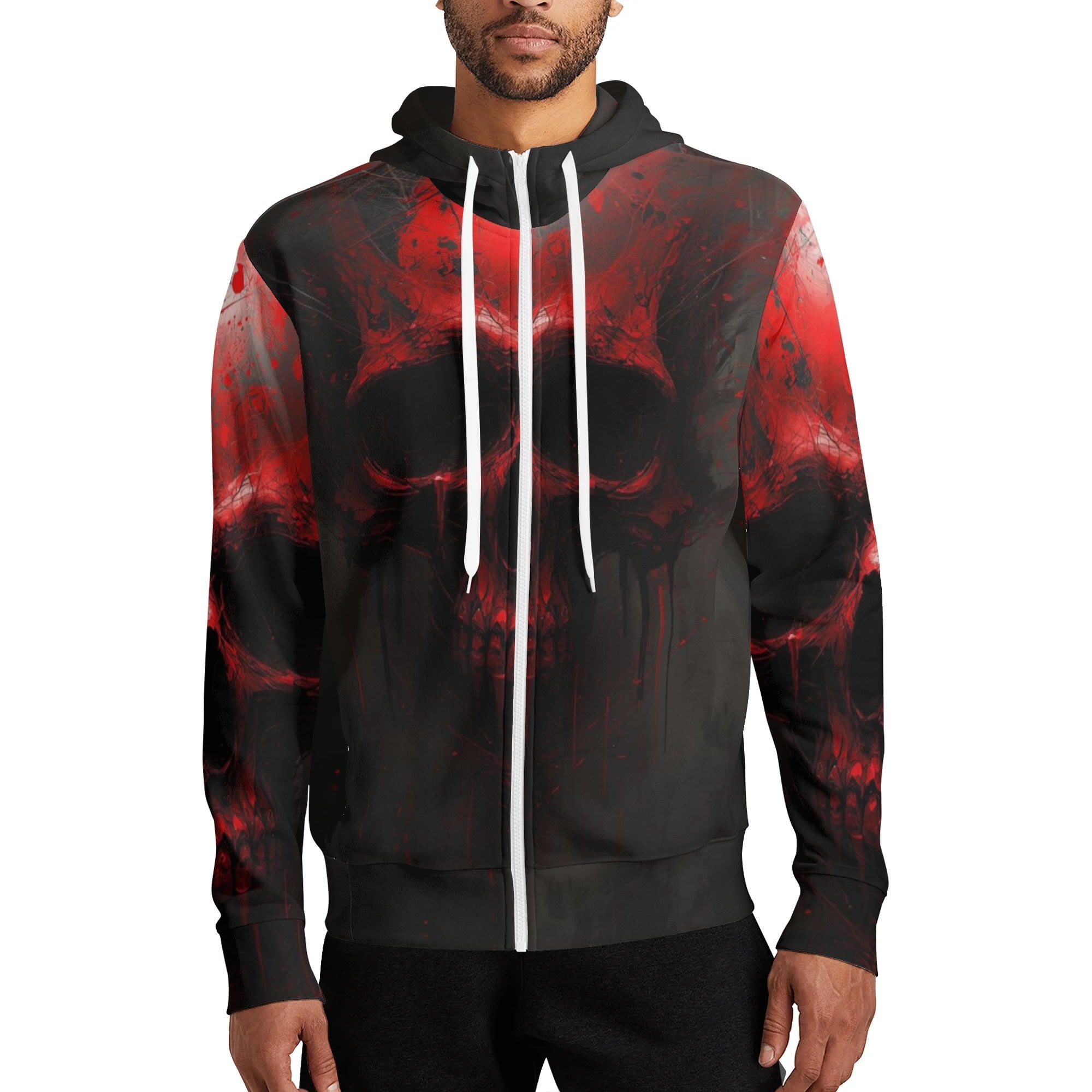 Black hoodie with red abstract design worn by a person on a white background