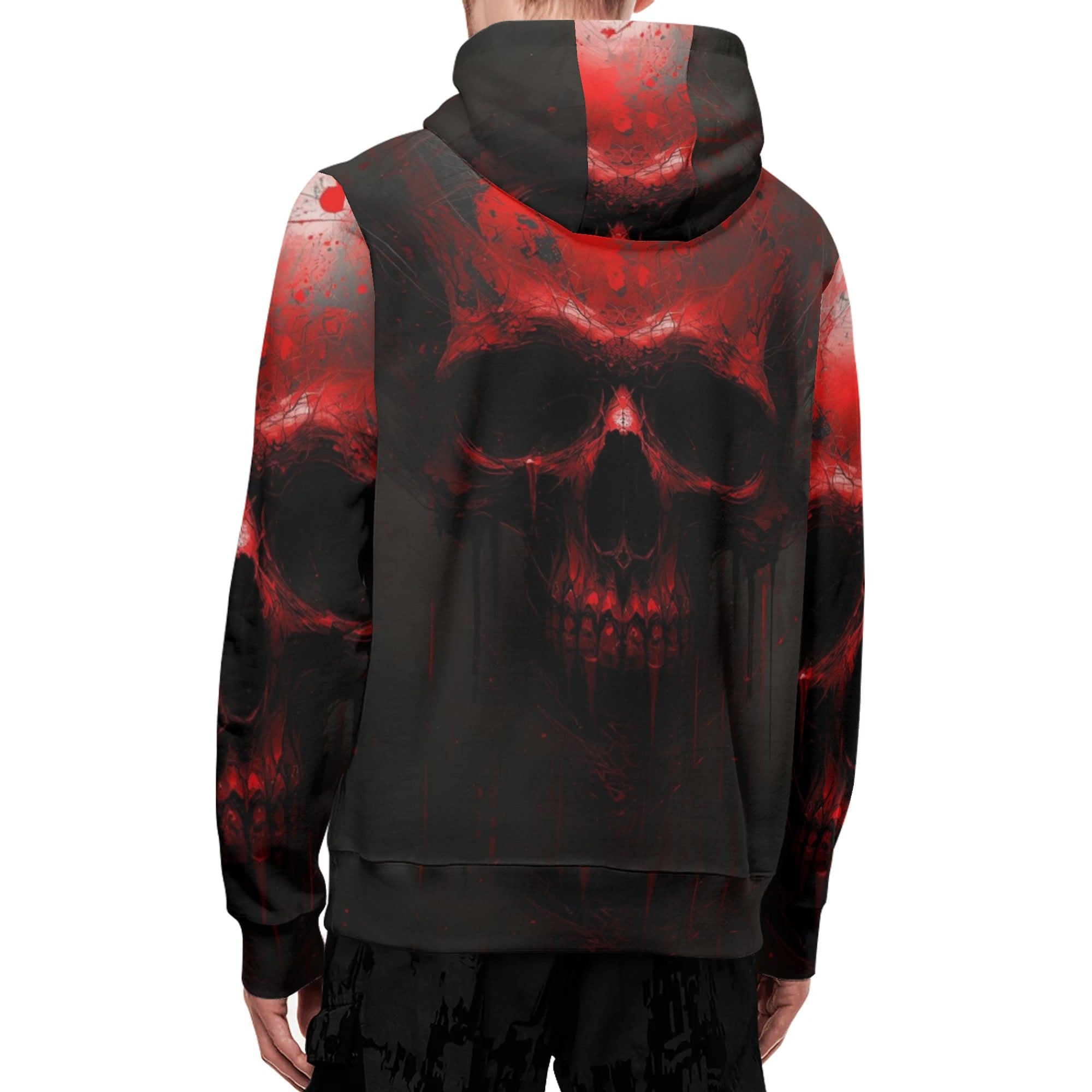Black hoodie with red skull design on a white background