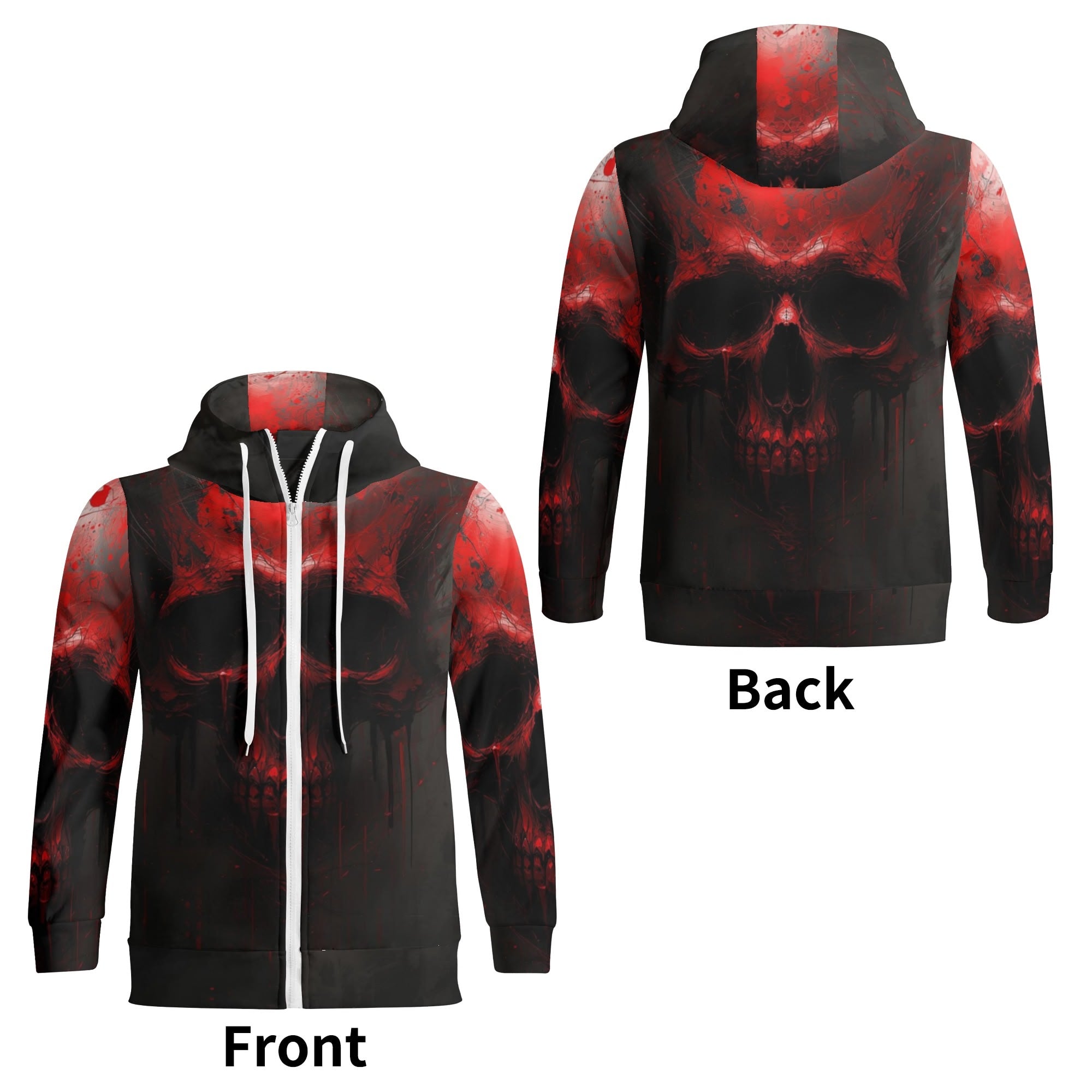 Black and red hoodie with skull design, shown from front and back on a white background.