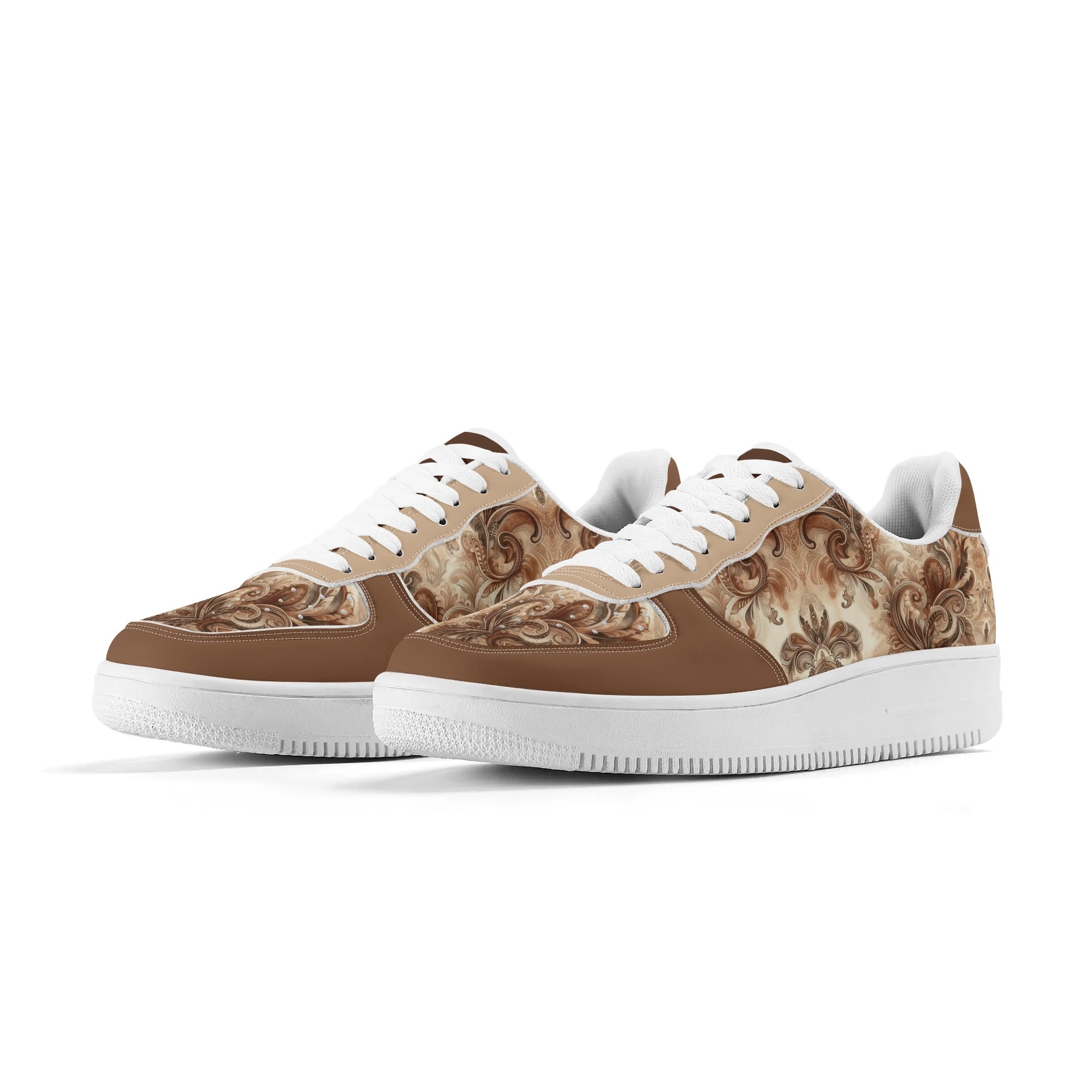 Pair of brown and beige patterned sneakers on a white background