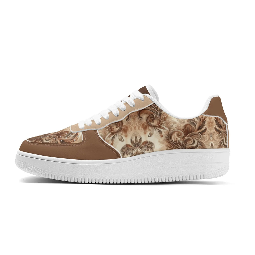 Sneaker with brown and beige floral pattern on a white background
