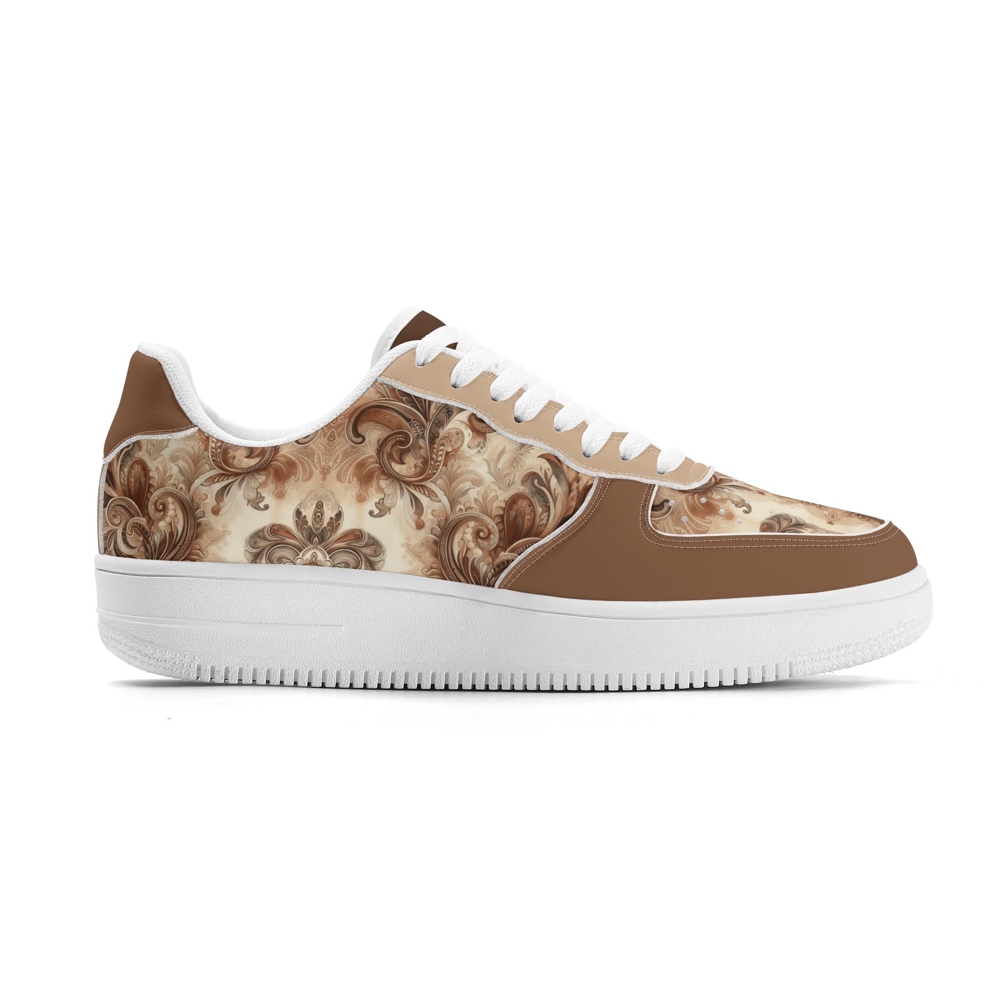 Sneaker with brown and beige pattern on a white background