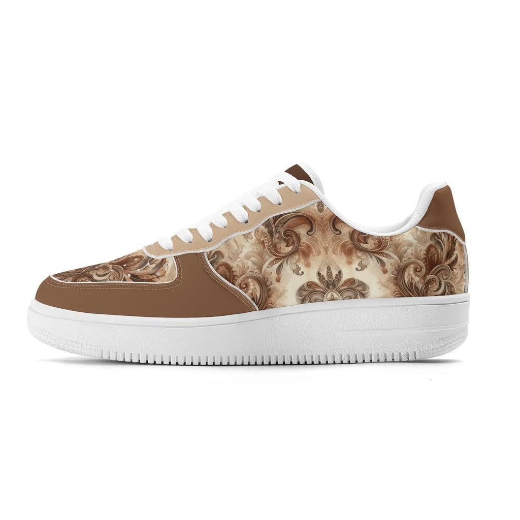 Sneaker with brown and beige pattern on a white background