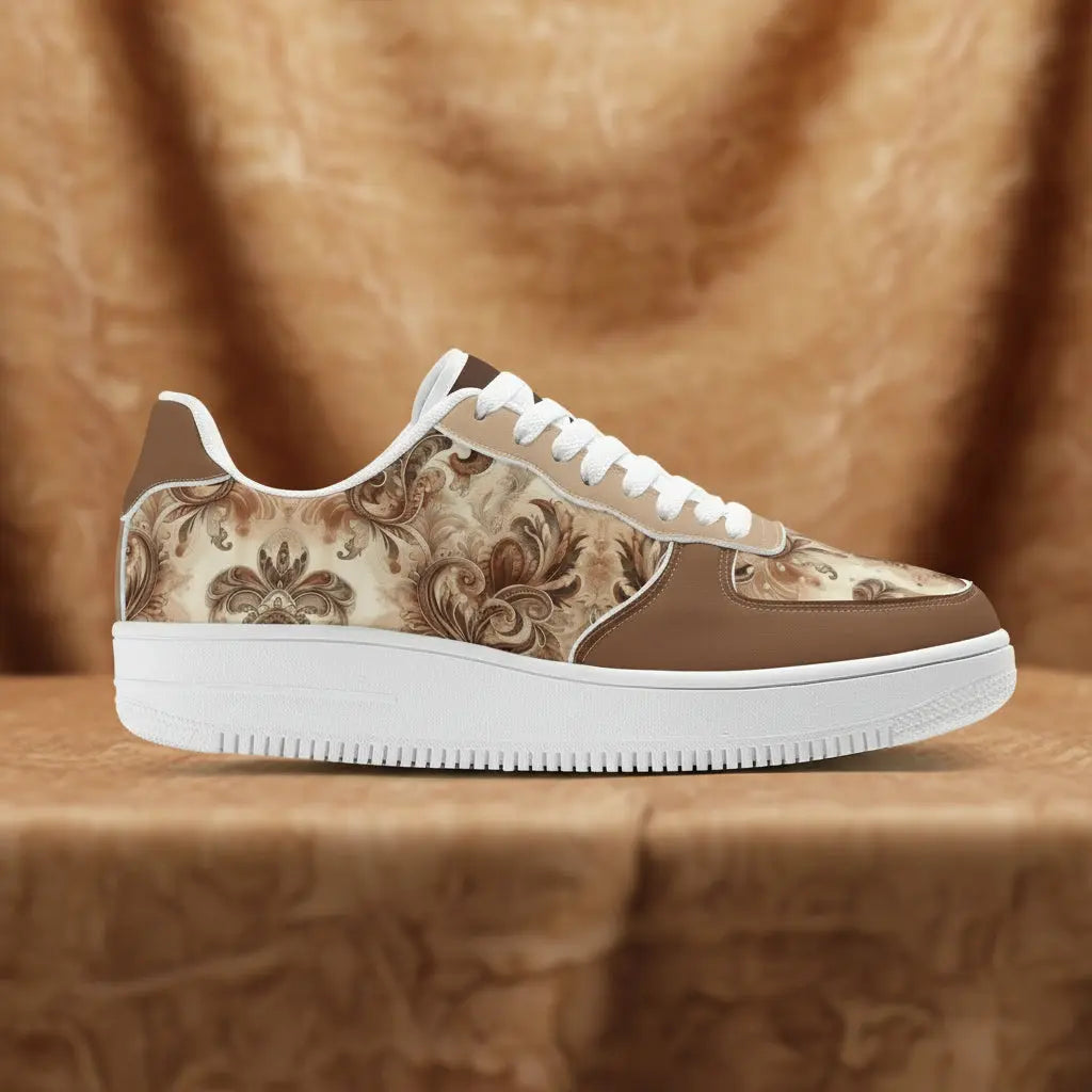 Sneaker with brown and beige pattern on a white background