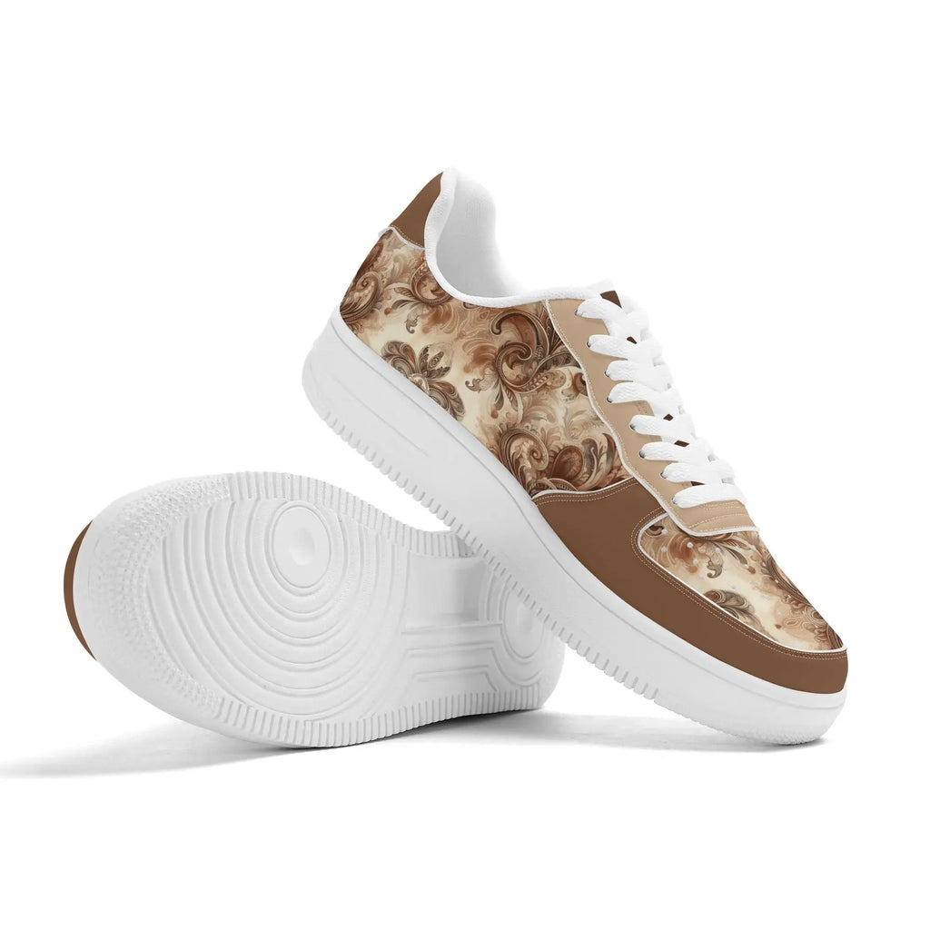 Sneakers with a brown and beige pattern on a white background