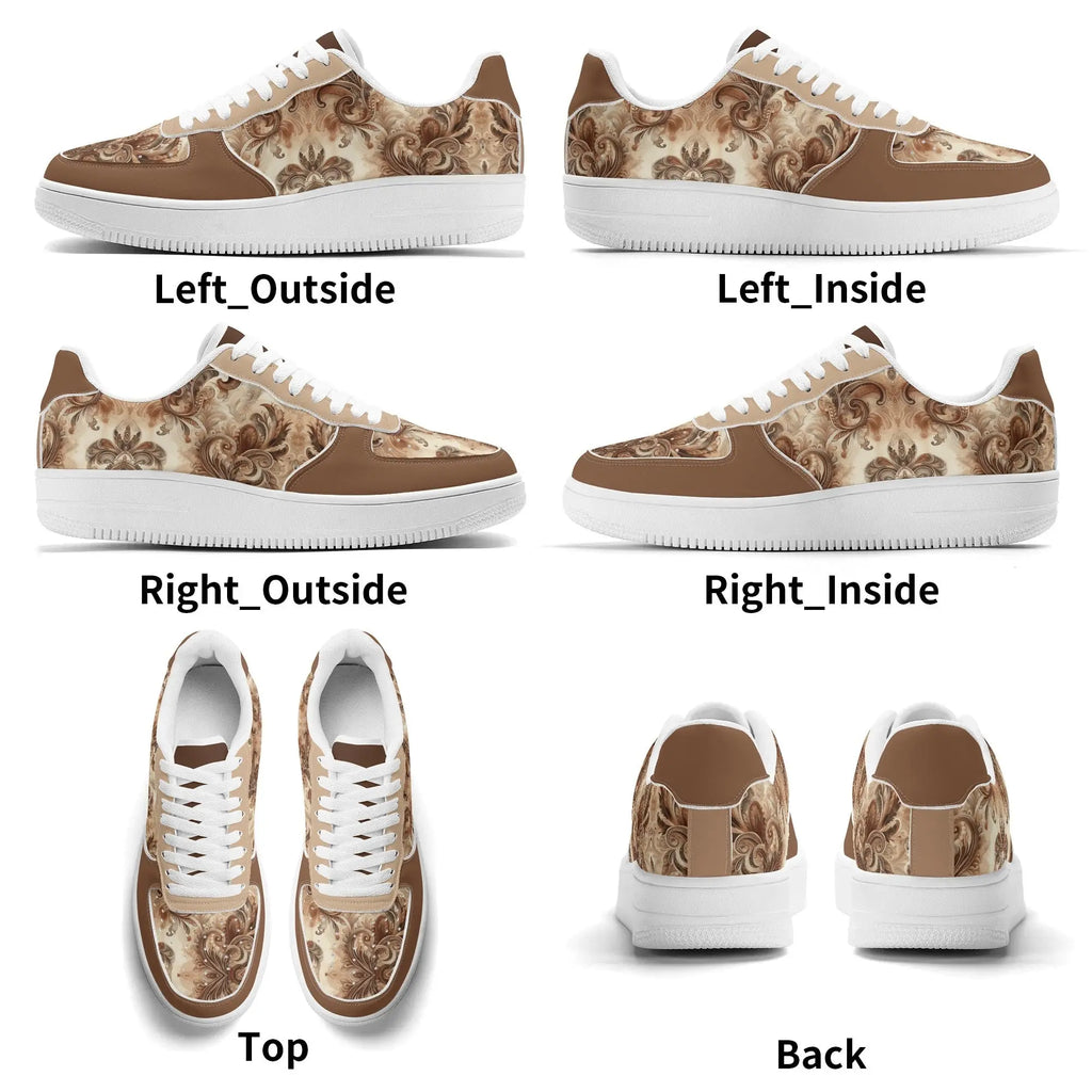 Brown and beige patterned sneakers shown from multiple angles on a white background.